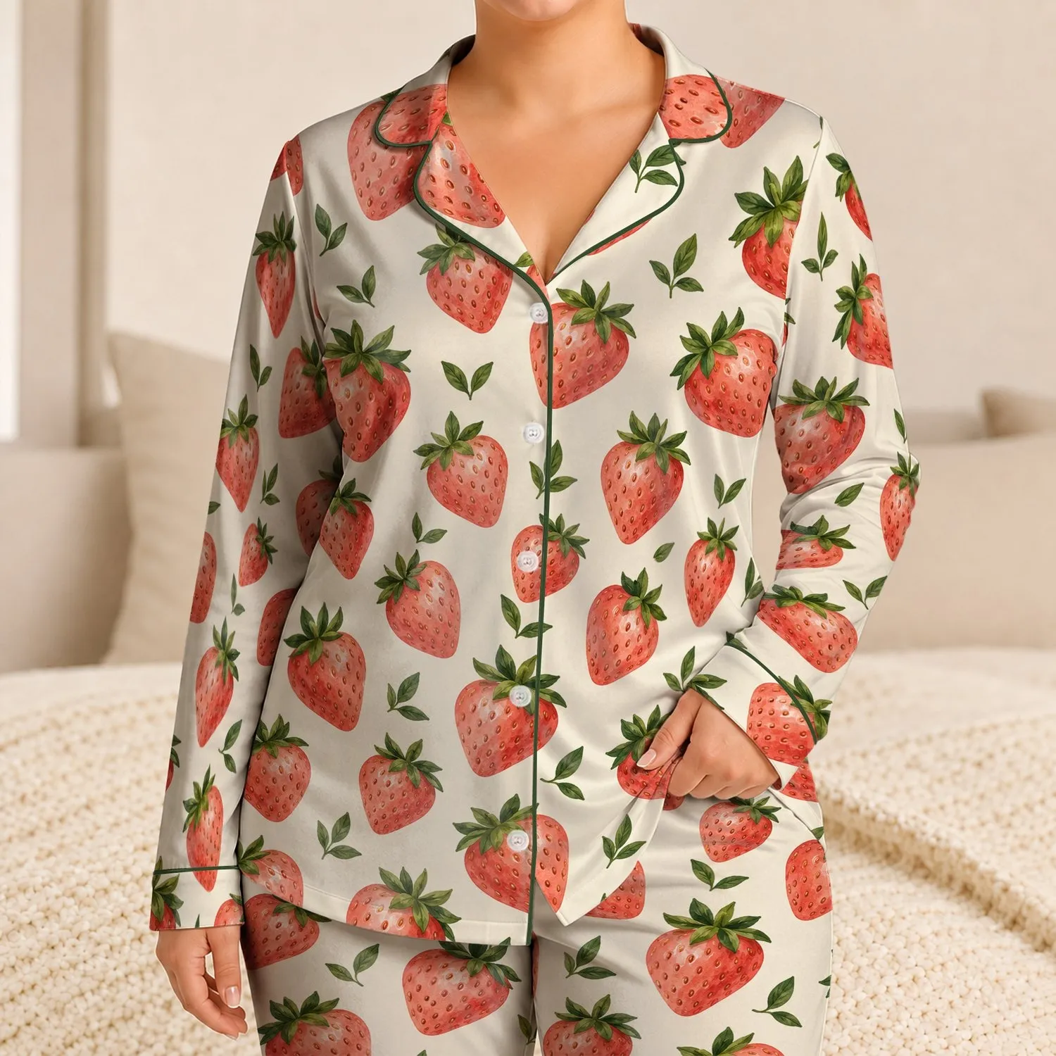 Coral Strawberries with Olive Leaves for Fresh Summer Lounging and Cozy Home Days Satin Pajamas Set - 1