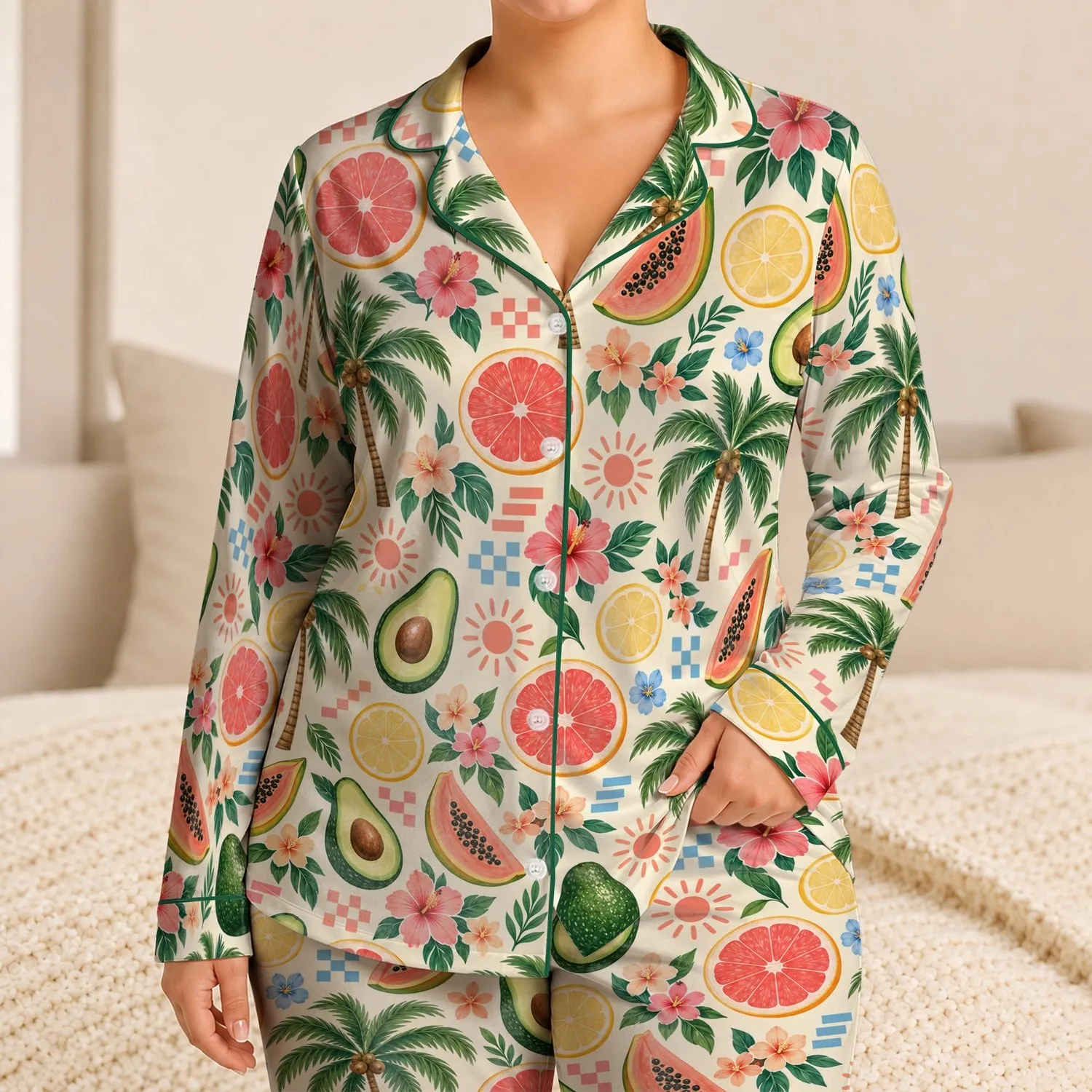 Avocado Citrus Tropical Fruit for Relaxed Summer Lounging and Easy Sunny Home Days Satin Pajamas Set - 1