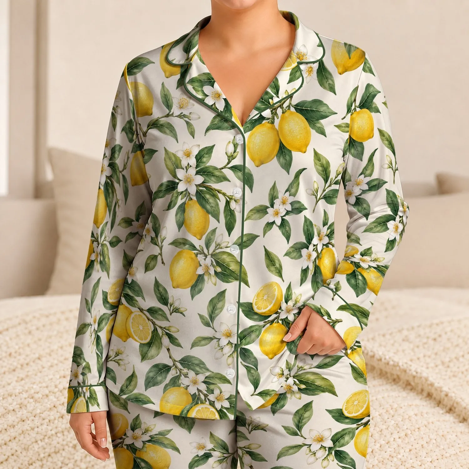 Fresh Lemon Branches and White Blossoms for Springtime Lounging and Gift Giving for Women Satin Pajamas Set - 1