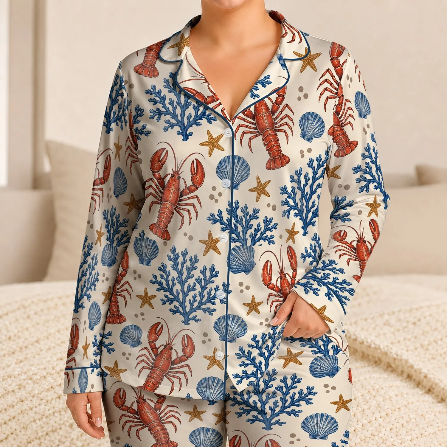 Red Lobster, Blue Coral and Seashells for Coastal Getaways and Relaxed Summer Evenings Satin Pajamas Set - 1