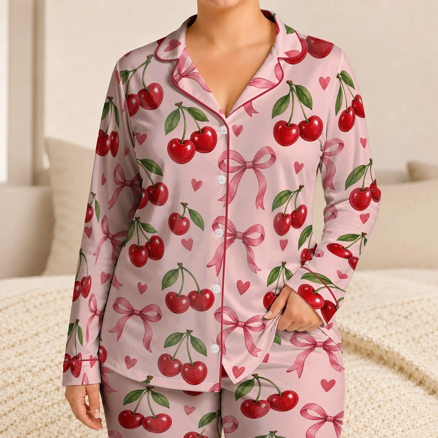 Red Cherry Pairs and Pink Ribbon Bows for Cozy Romantic Nights, a Sweet Gift for Her Satin Pajamas Set - 1