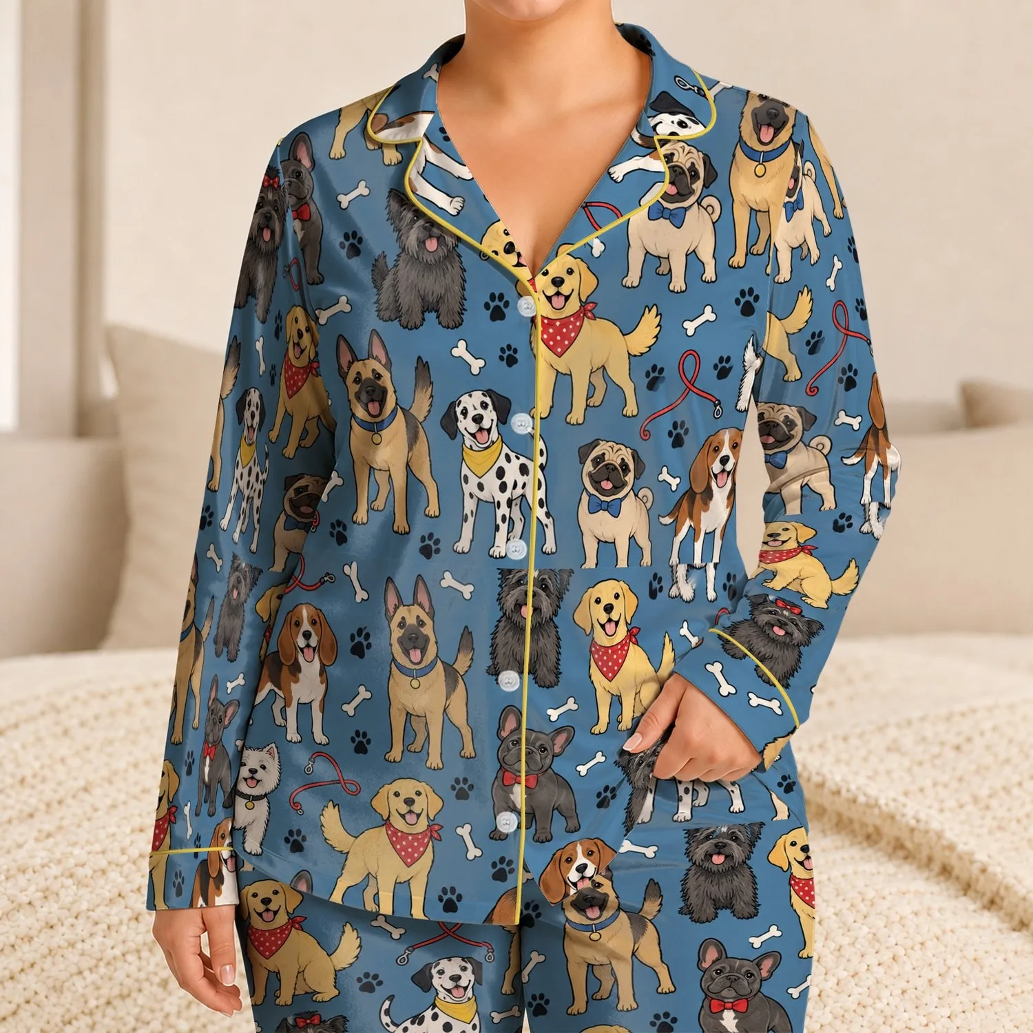 Playful Puppy Party Dogs for Cozy Weekends and Cheerful Gift Giving for Her Satin Pajamas Set - 1