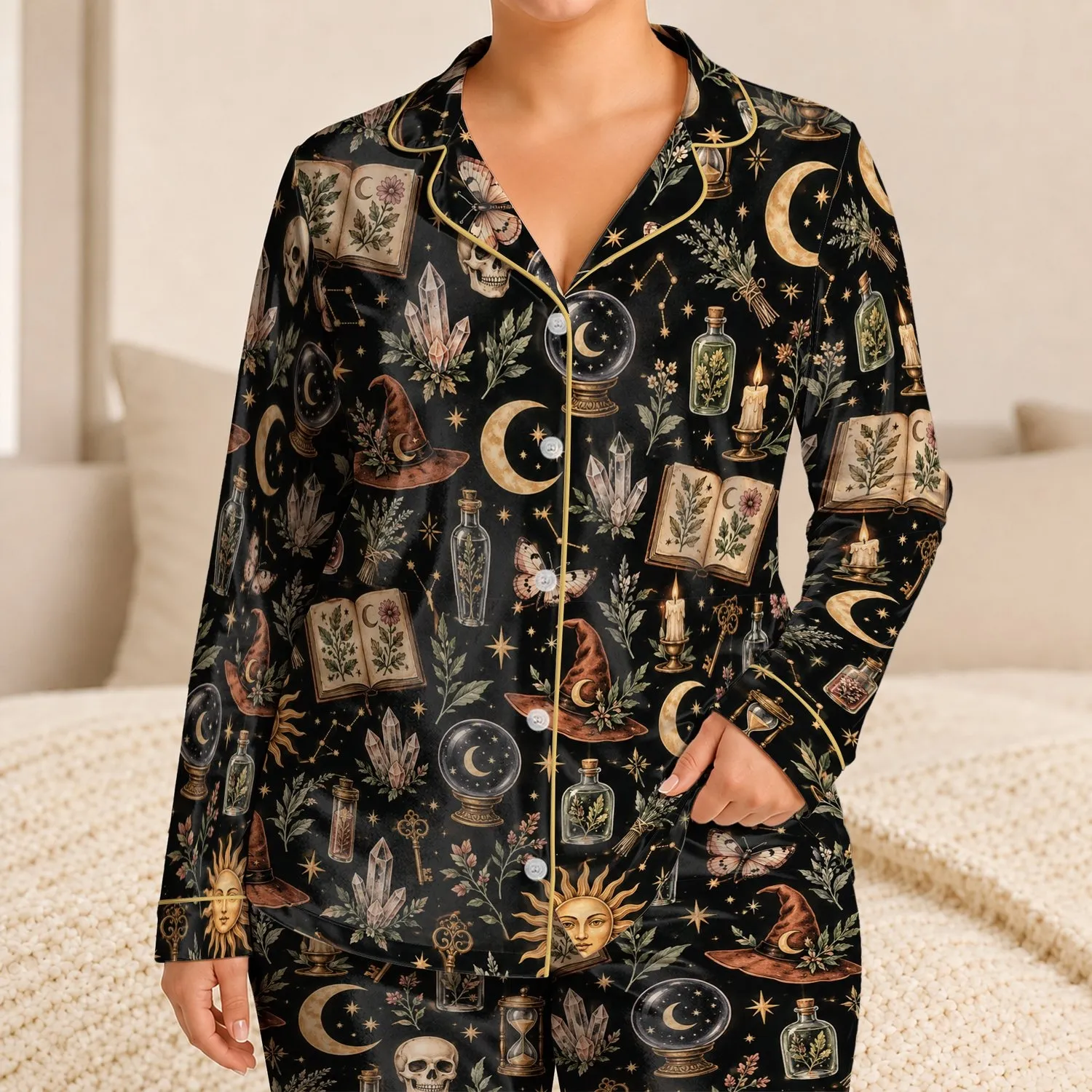 Celestial Sun Moon And Witchcraft Icons For Cozy Evenings At Home And Gifting Satin Pajamas Set - 1