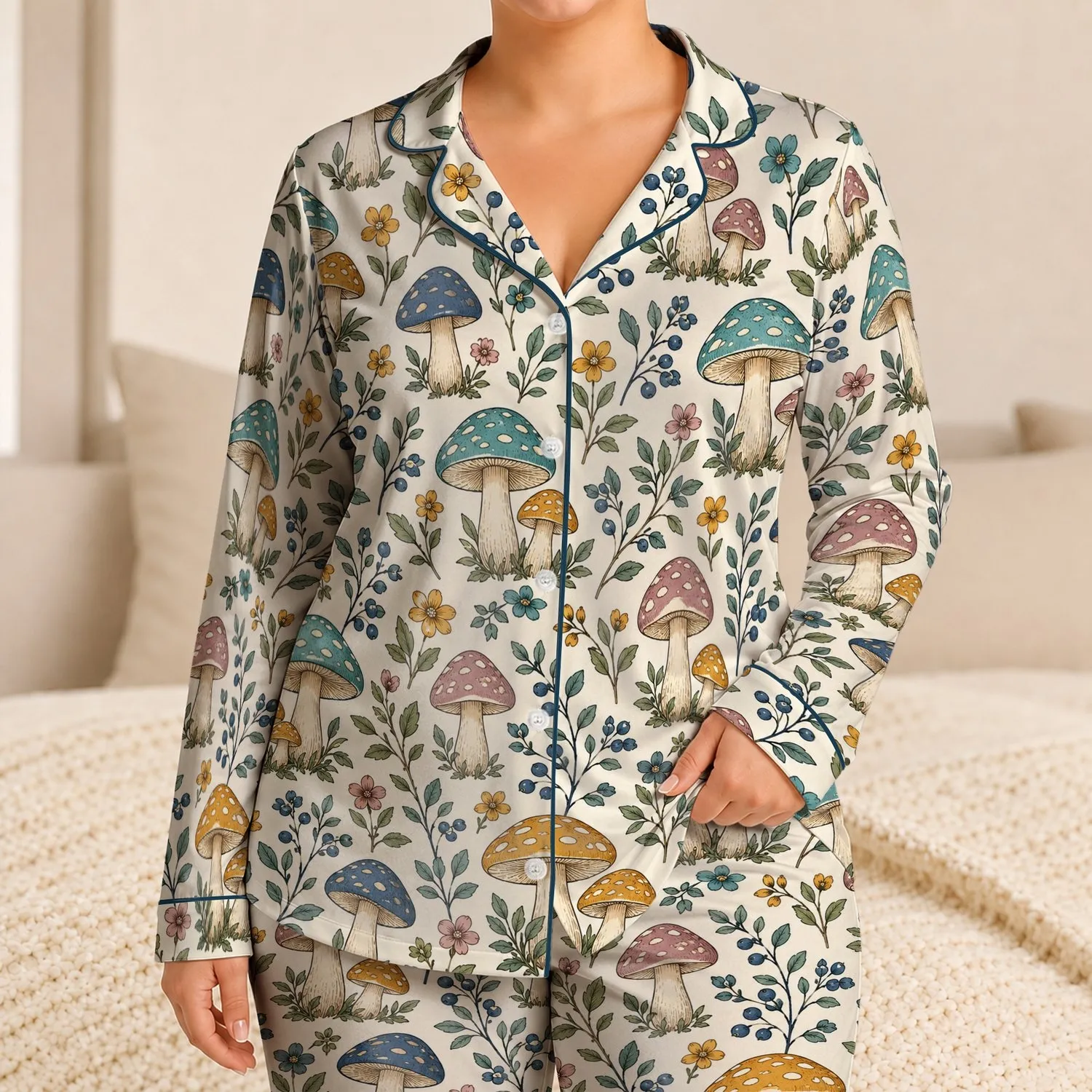 Mushroom And Wildflower Botanical Motifs For Cozy Cottagecore Lounging And Gift Giving Satin Pajamas Set - 1