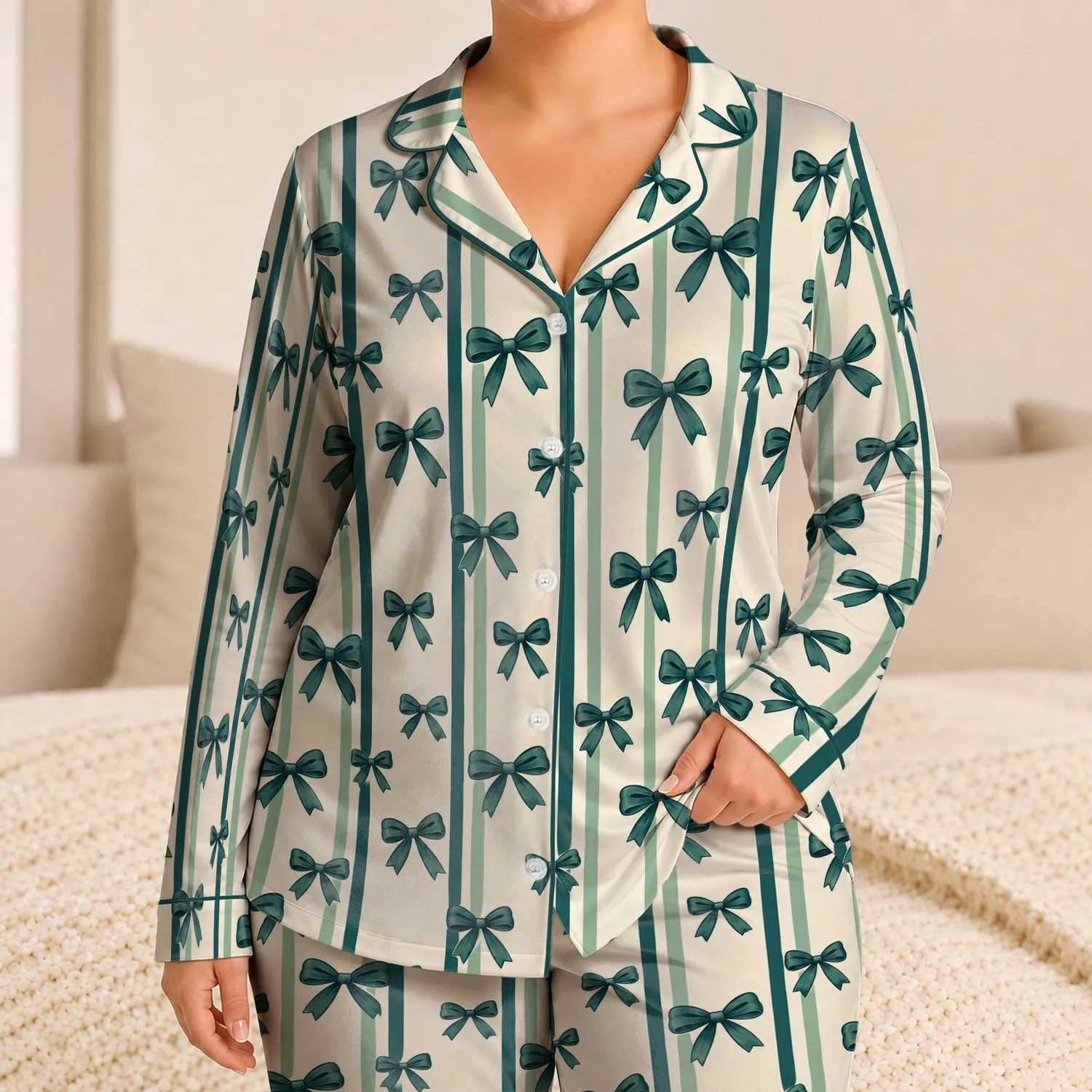 Emerald Bow And Stripe Motifs For Cozy Weekend Lounging And Relaxed Gift Giving Satin Pajamas Set - 1