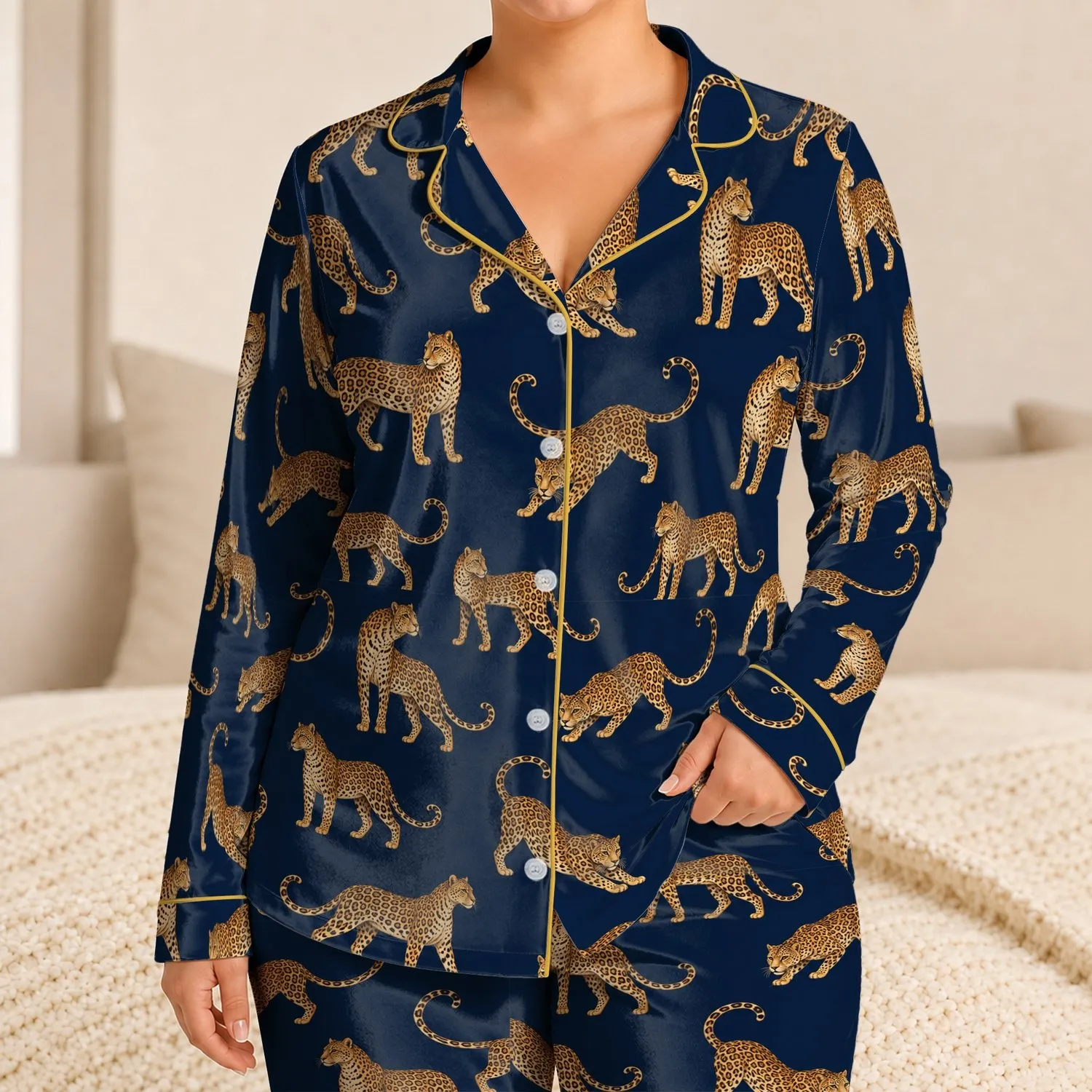 Golden Leopard Motifs for Cozy Autumn Lounging and Chic Weekend Style for Women Satin Pajamas Set - 1