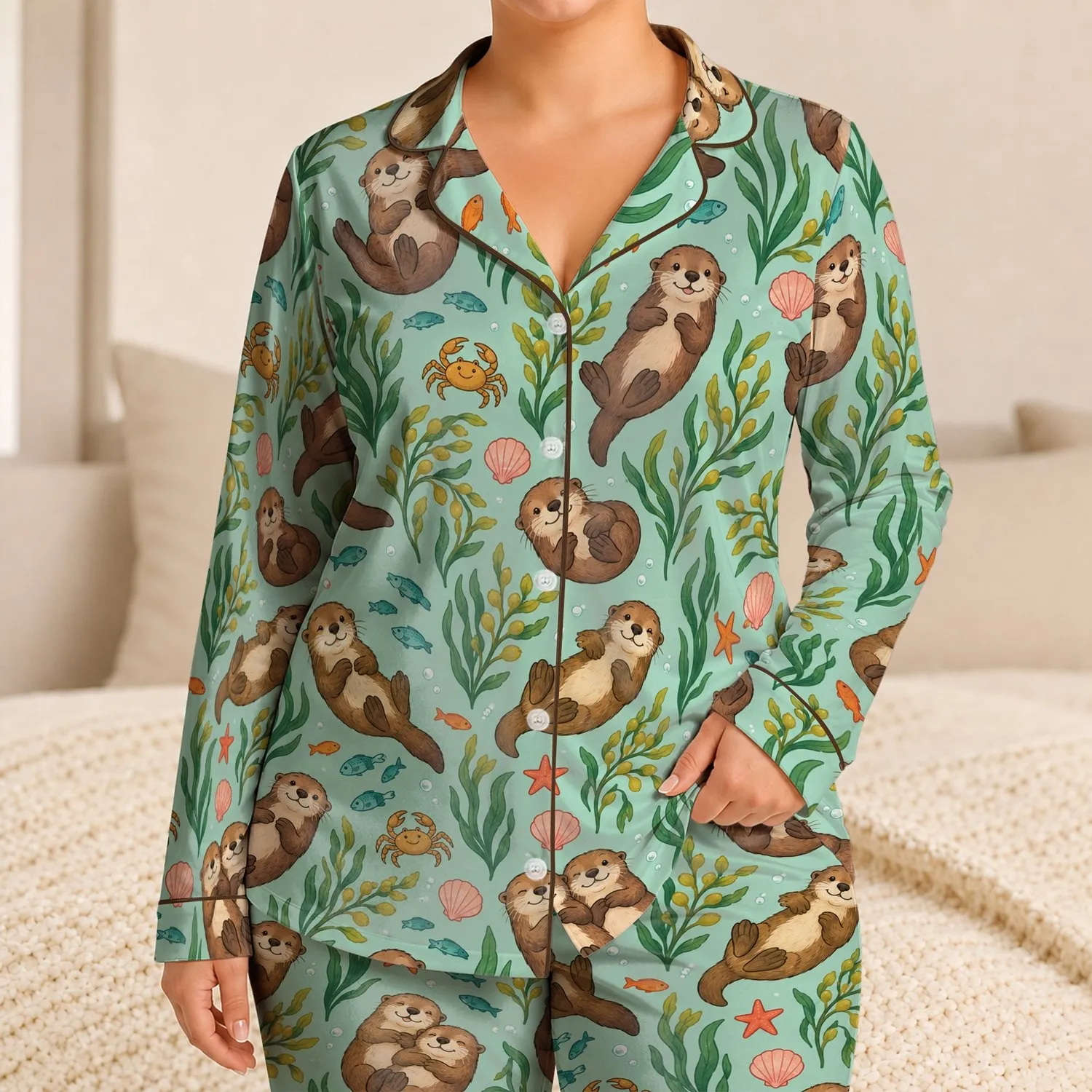 Playful Sea Otters And Ocean Friends For Cozy Coastal Evenings Satin Pajamas Set - 1