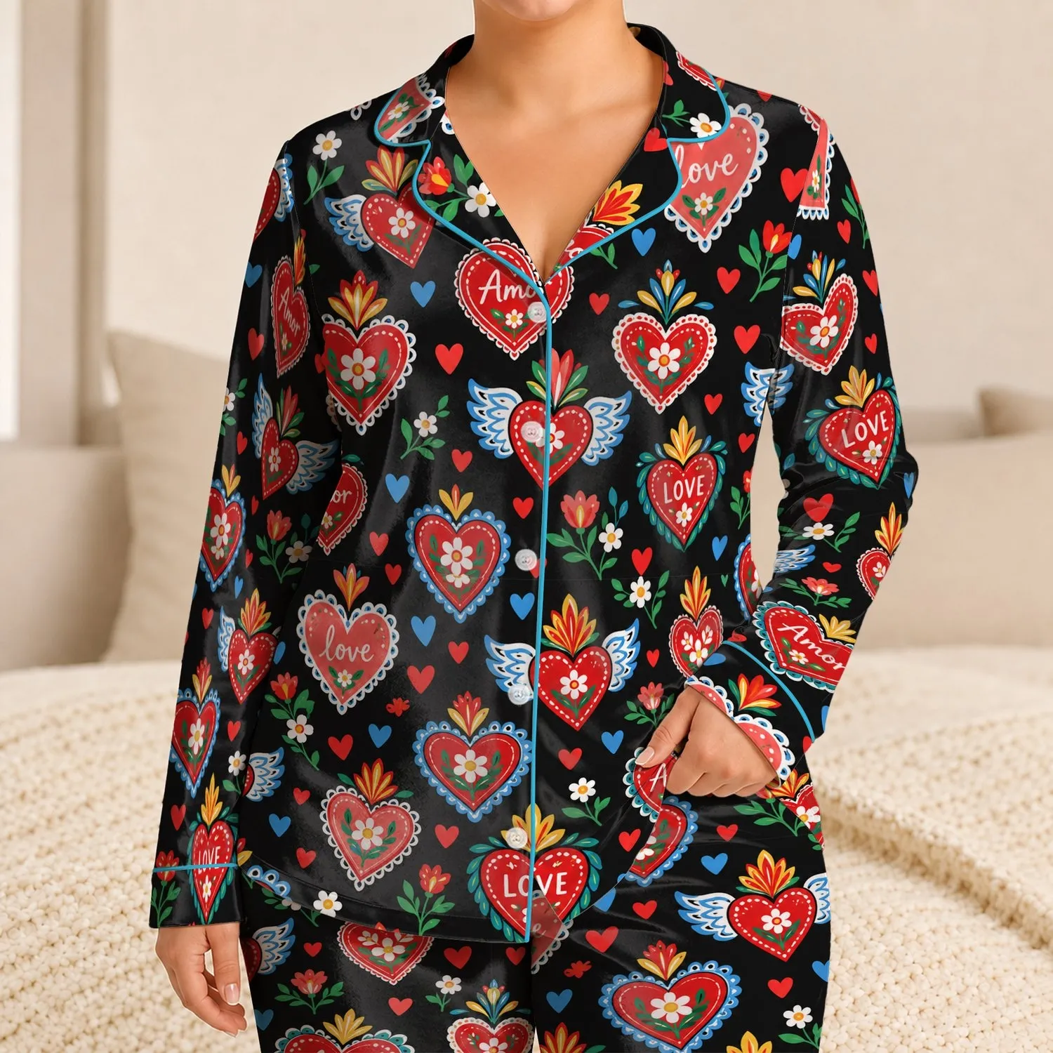 Colorful Folk Hearts and Flowers for Cozy Romantic Evenings and Valentine’s Day Gifting Satin Pajamas Set - 1