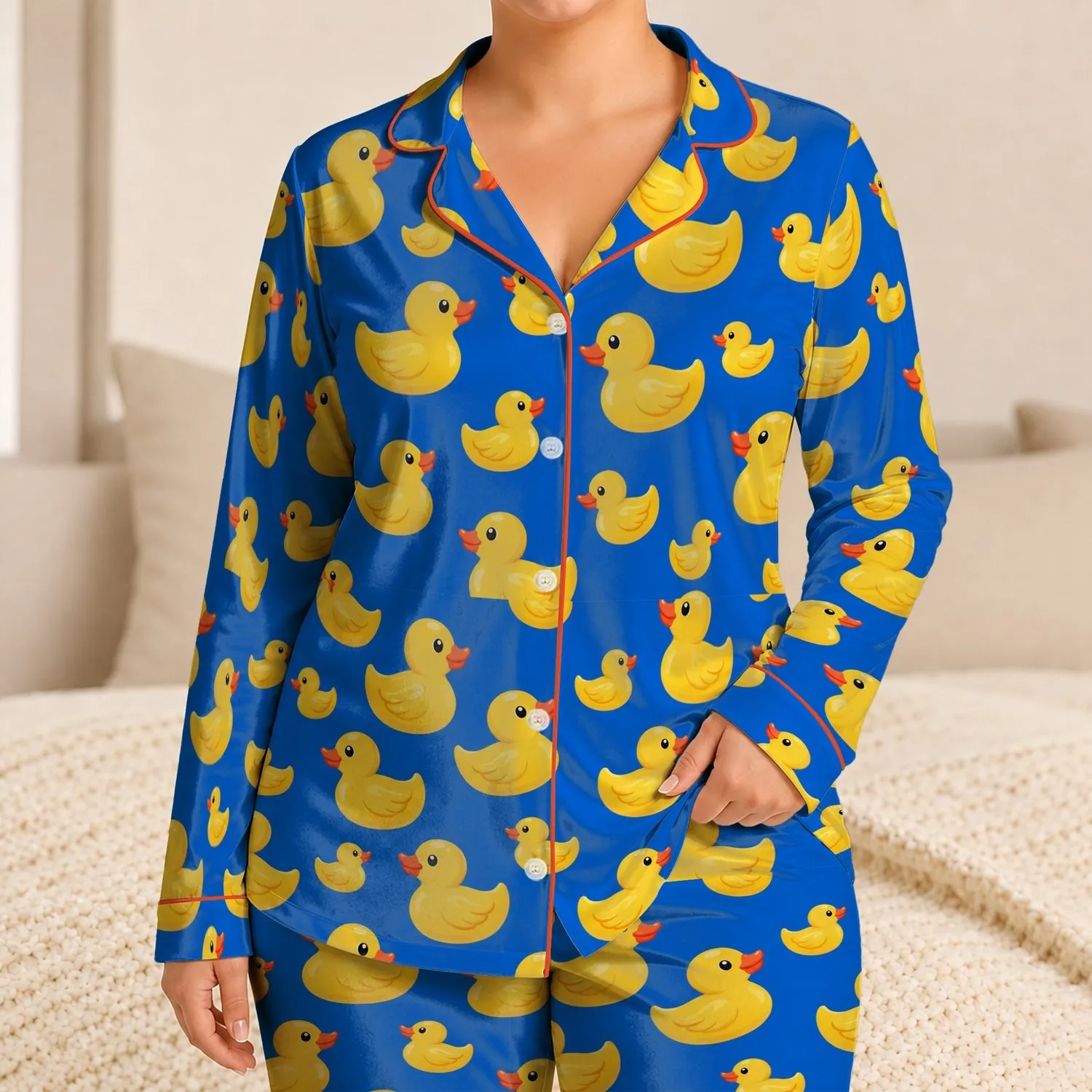 Cheerful Yellow Rubber Ducks for Sunny Spring Mornings and Playful Everyday Lounging Satin Pajamas Set - 1