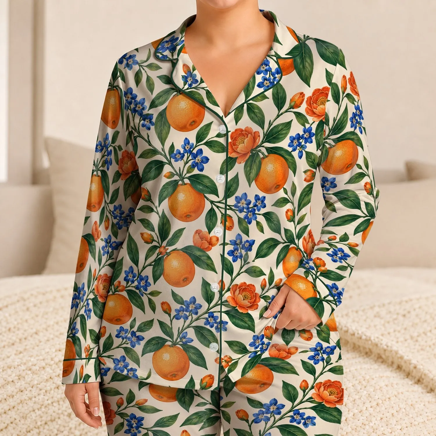 Orange Grove and Blue Blossom Motifs for Cheerful Summer Lounging Satin Pajamas Set - 1