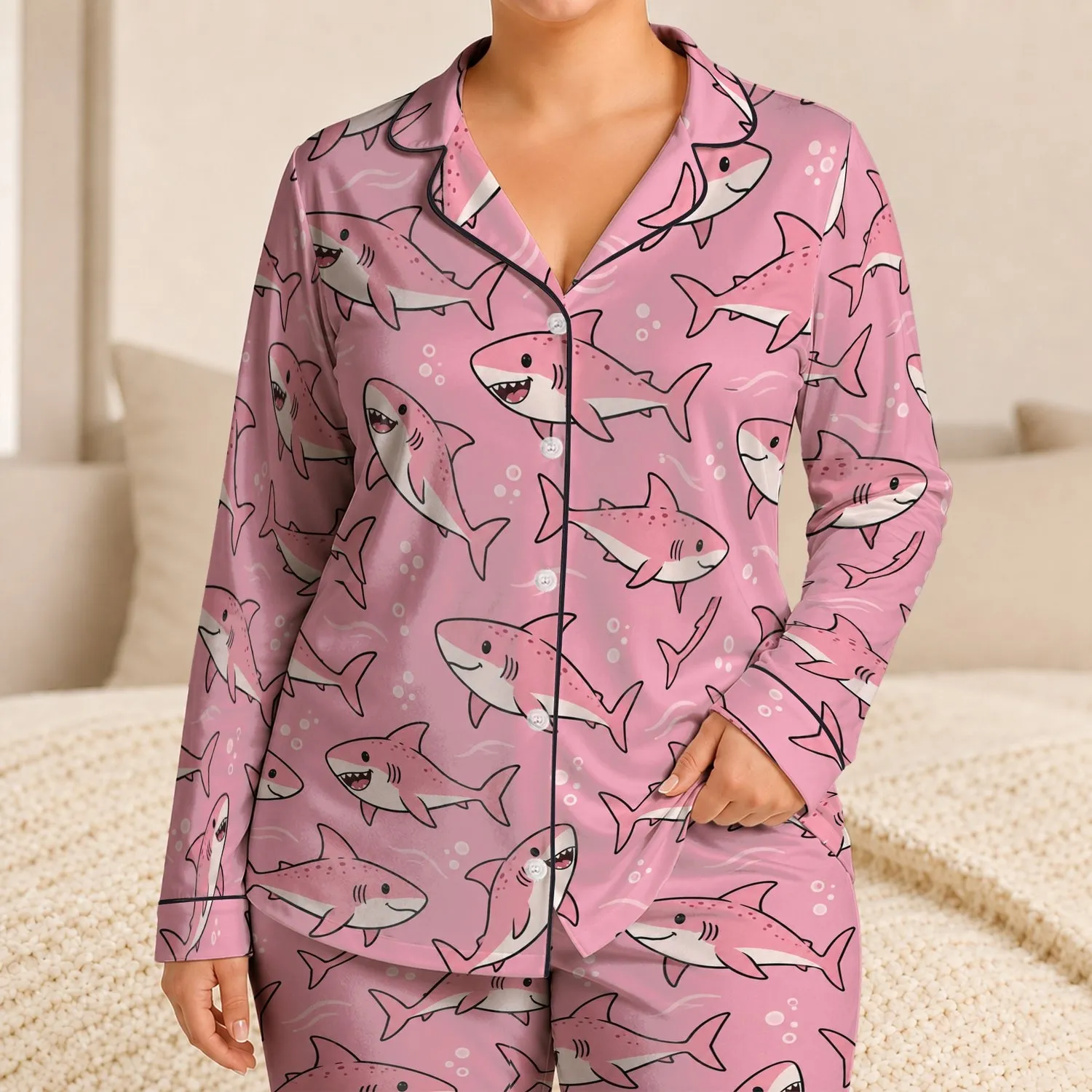 Playful Pink Shark Ocean Motif for Cozy Coastal Nights and Relaxed Lounging Satin Pajamas Set - 1