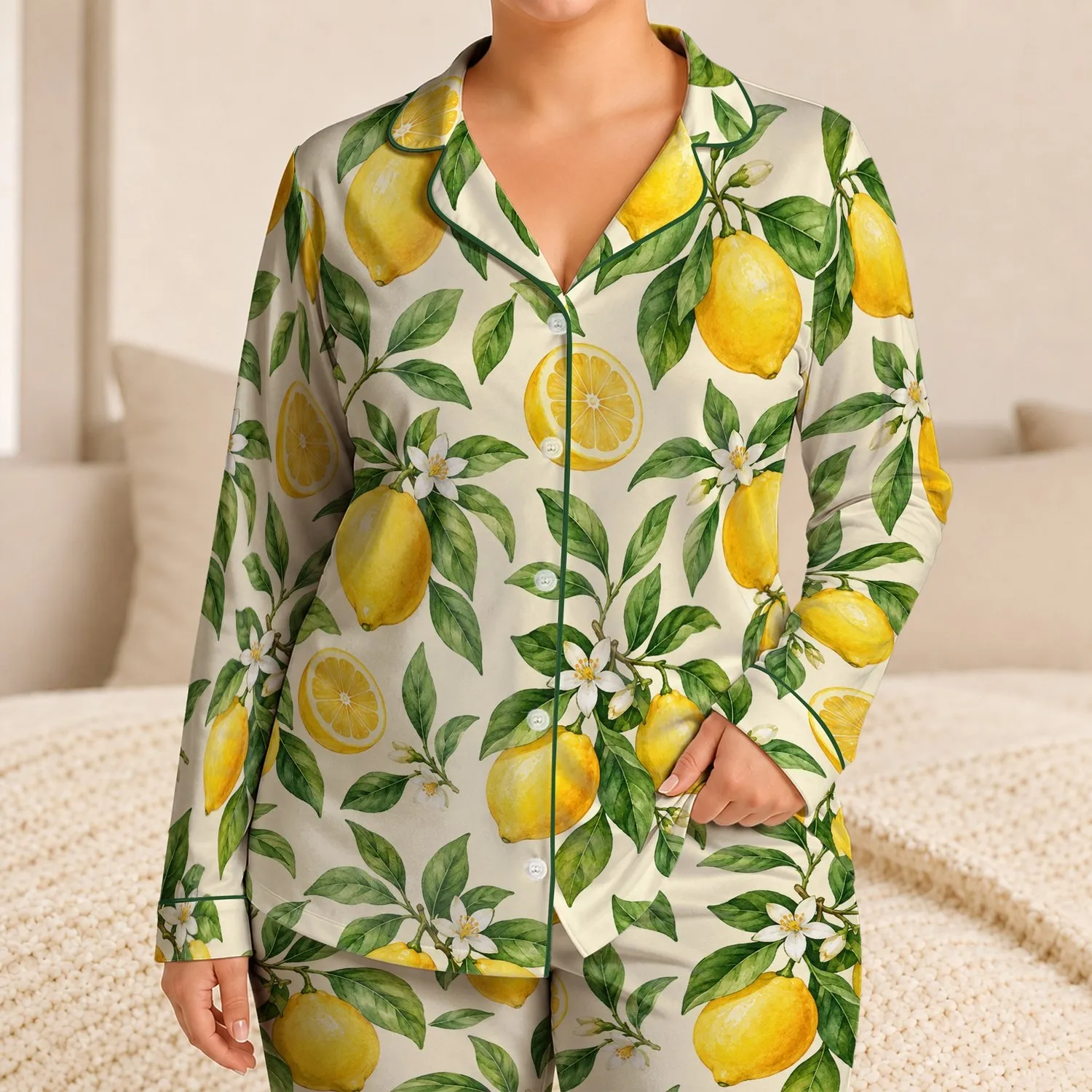 Fresh Lemon and Greenery Motifs for Sunny Summer Lounging and Thoughtful Gift Giving Satin Pajamas Set - 1