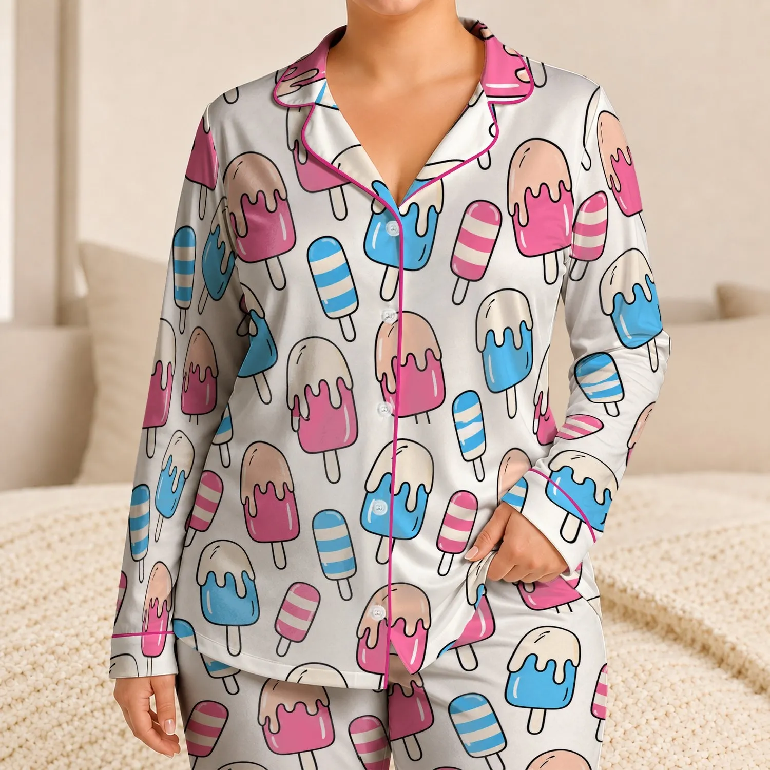 Pink And Blue Ice Cream Bars For Sweet Summer Lounging And Cozy Weekends Satin Pajamas Set - 1