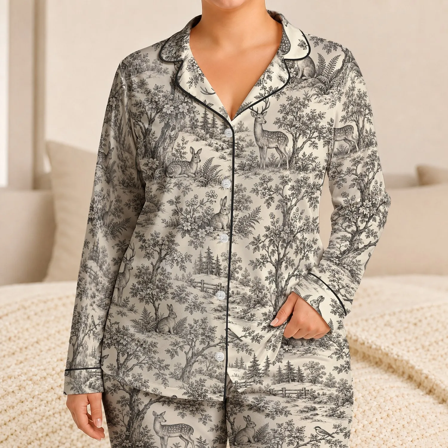 Vintage Woodland Toile Scenes for Cozy Storybook Evenings and Quiet Reading at Home Satin Pajamas Set - 1