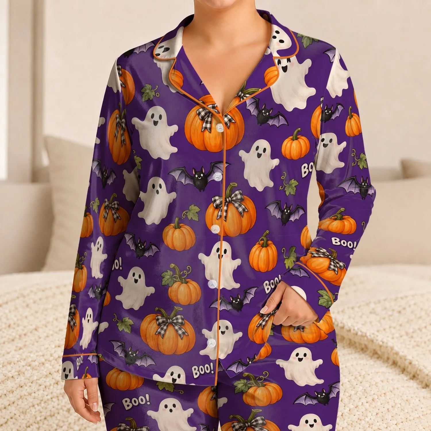 Purple Pumpkin, Bat and Friendly Ghost Halloween Cheer for Cozy October Nights and Parties Satin Pajamas Set - 1