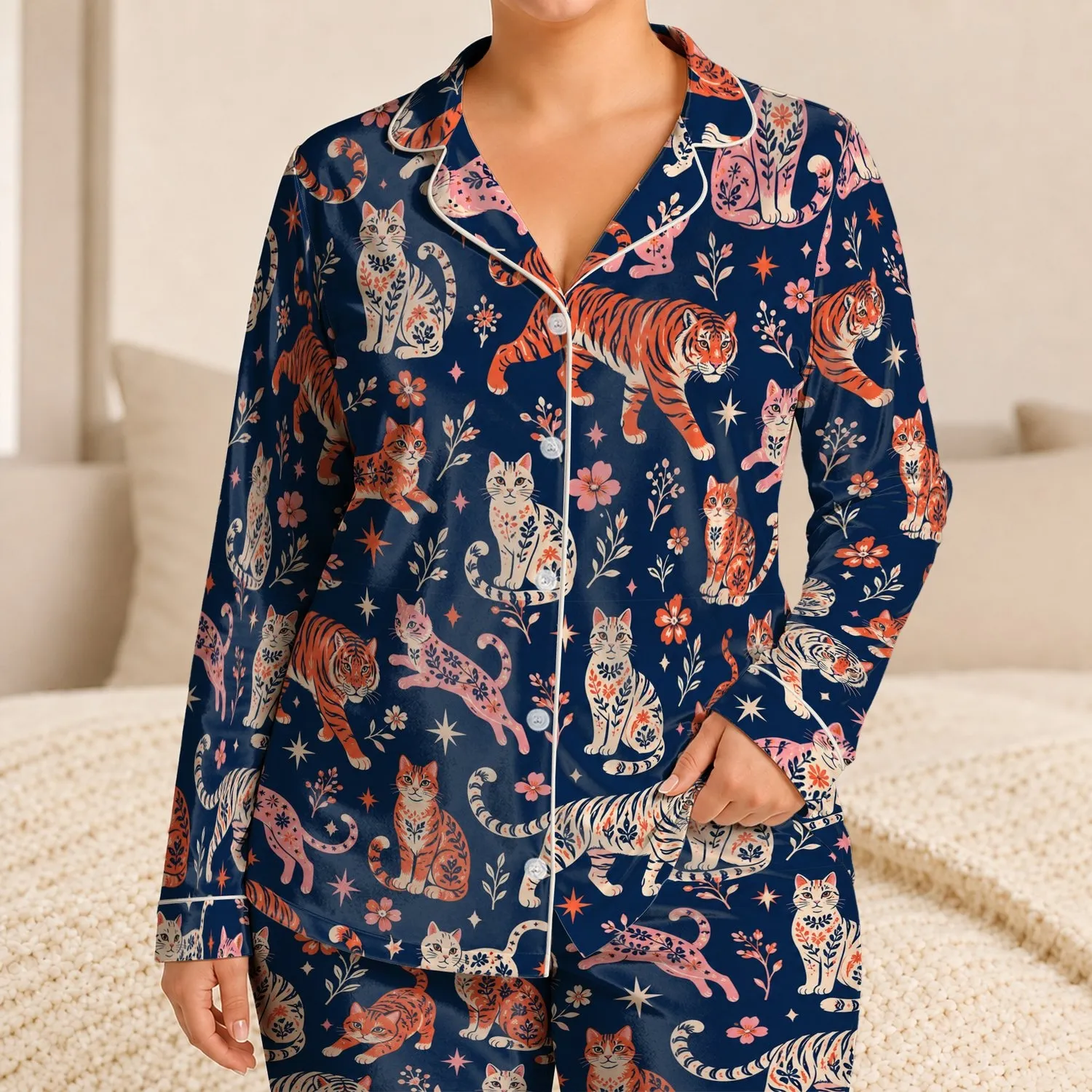 Navy Tiger and Cat Motifs for Cozy Holiday Lounging and Everyday Comfort at Home Satin Pajamas Set - 1