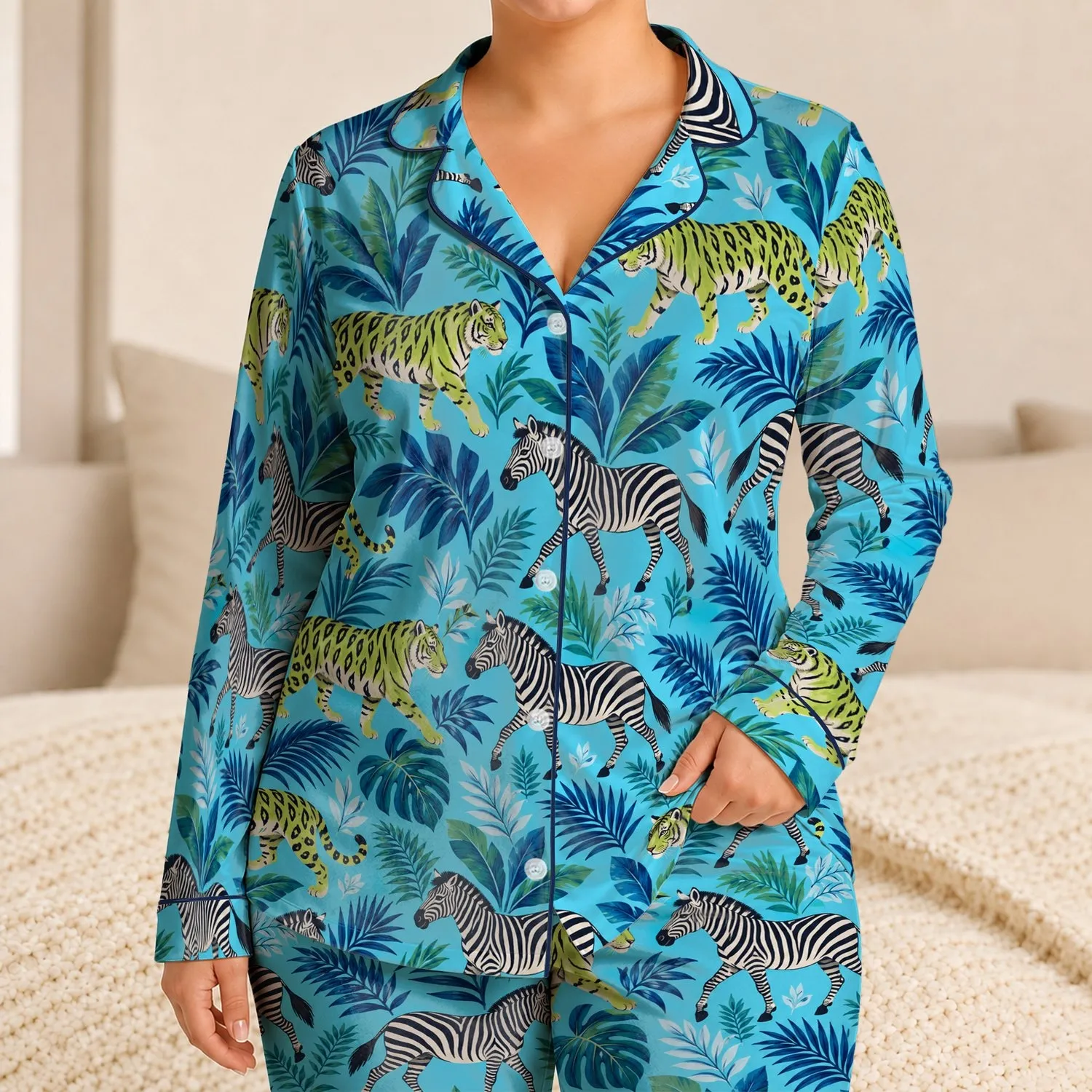 Zebra And Tiger Jungle Animals For Relaxing Tropical Nights Satin Pajamas Set - 1