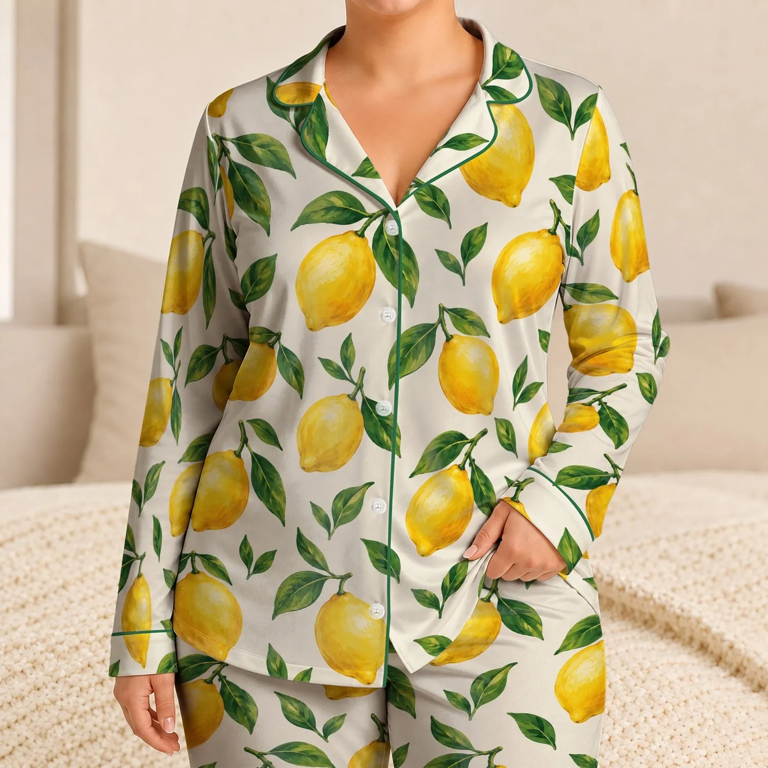 Golden Lemons And Green Leaves For Fresh Summer Mornings And Relaxed Evenings Satin Pajamas Set - 1