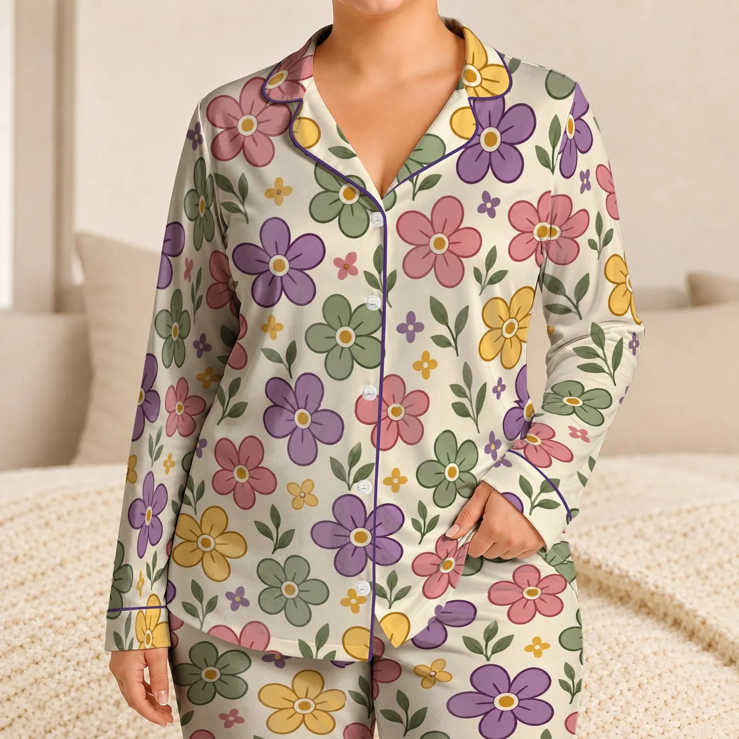 Colorful Retro Flower Motifs for Cozy Holiday Mornings and Everyday Relaxation at Home Satin Pajamas Set - 1