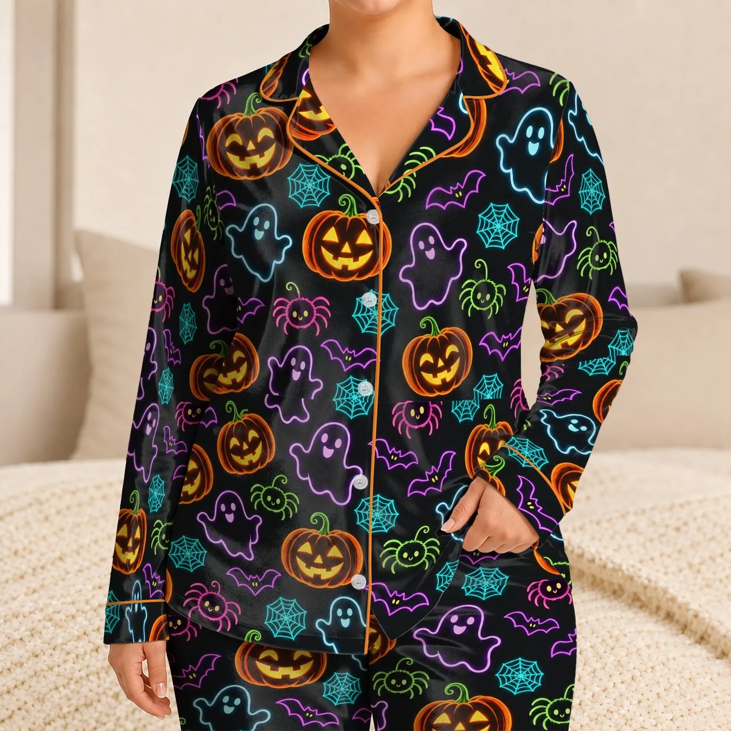 Glowing Halloween Pumpkins, Friendly Ghosts and Bats for Spooky October Nights Satin Pajamas Set - 1