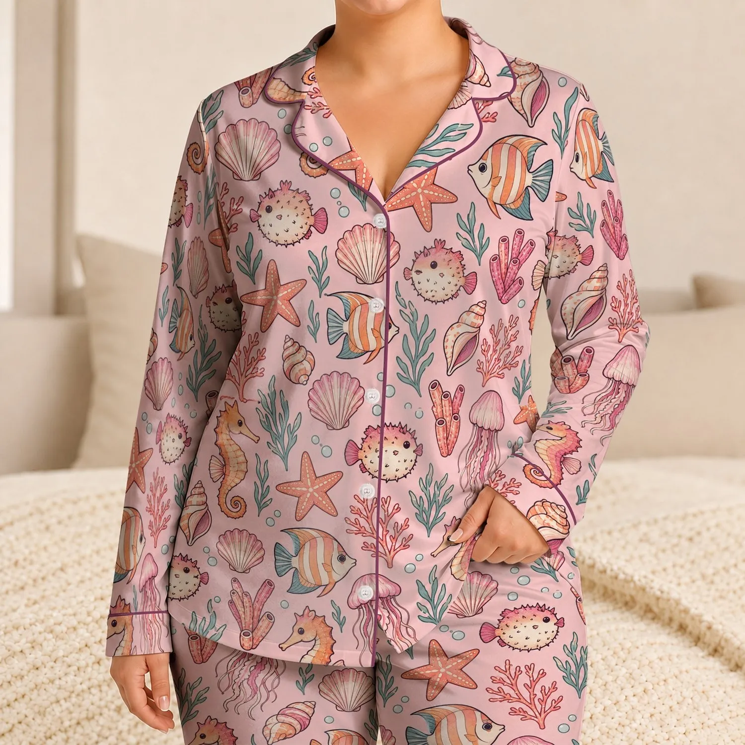 Blush Pink Underwater Sea Life for Cozy Coastal Nights and Ocean Loving Kids Satin Pajamas Set - 1