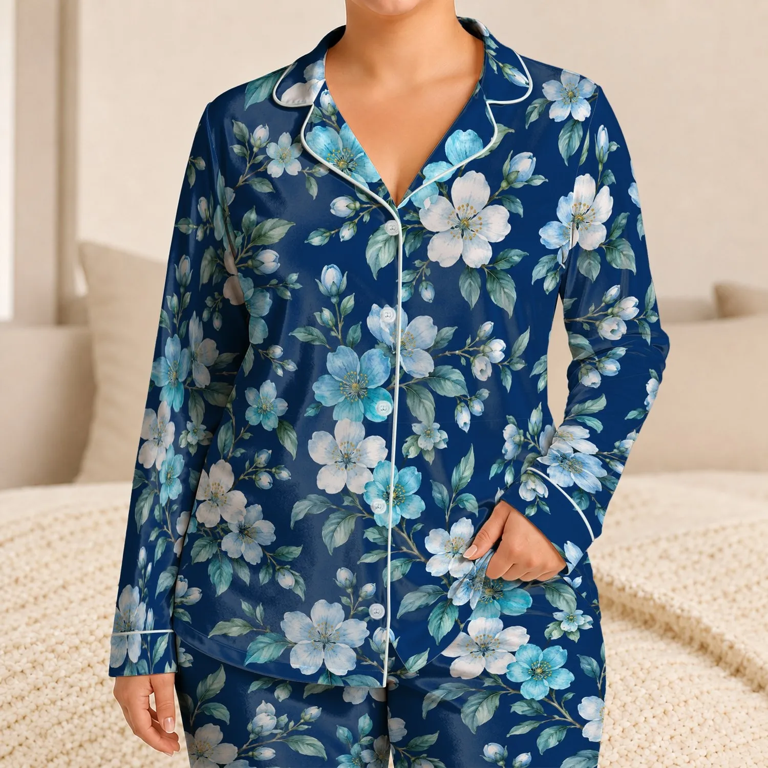 Blue Floral Blossoms for Springtime Cheer, Cozy Evenings and Relaxing at Home Satin Pajamas Set - 1