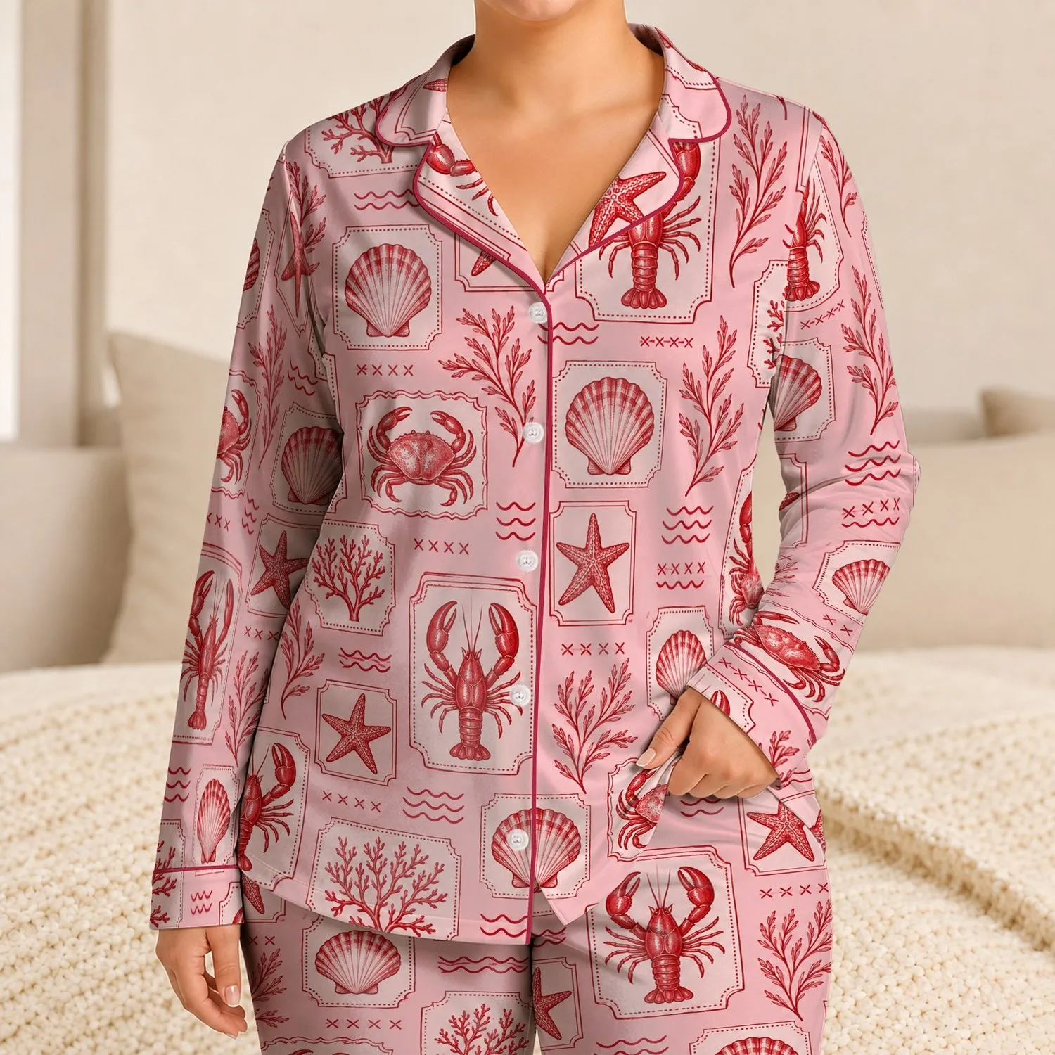 Pink Marine Creatures And Shells For Sweet Summer Days And Coastal Play Satin Pajamas Set - 1