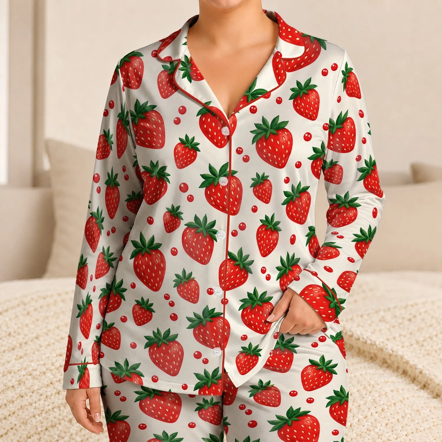 Strawberry And Green Leaf Motif For Sunny Summer Lounging, Girls' Gift Satin Pajamas Set - 1