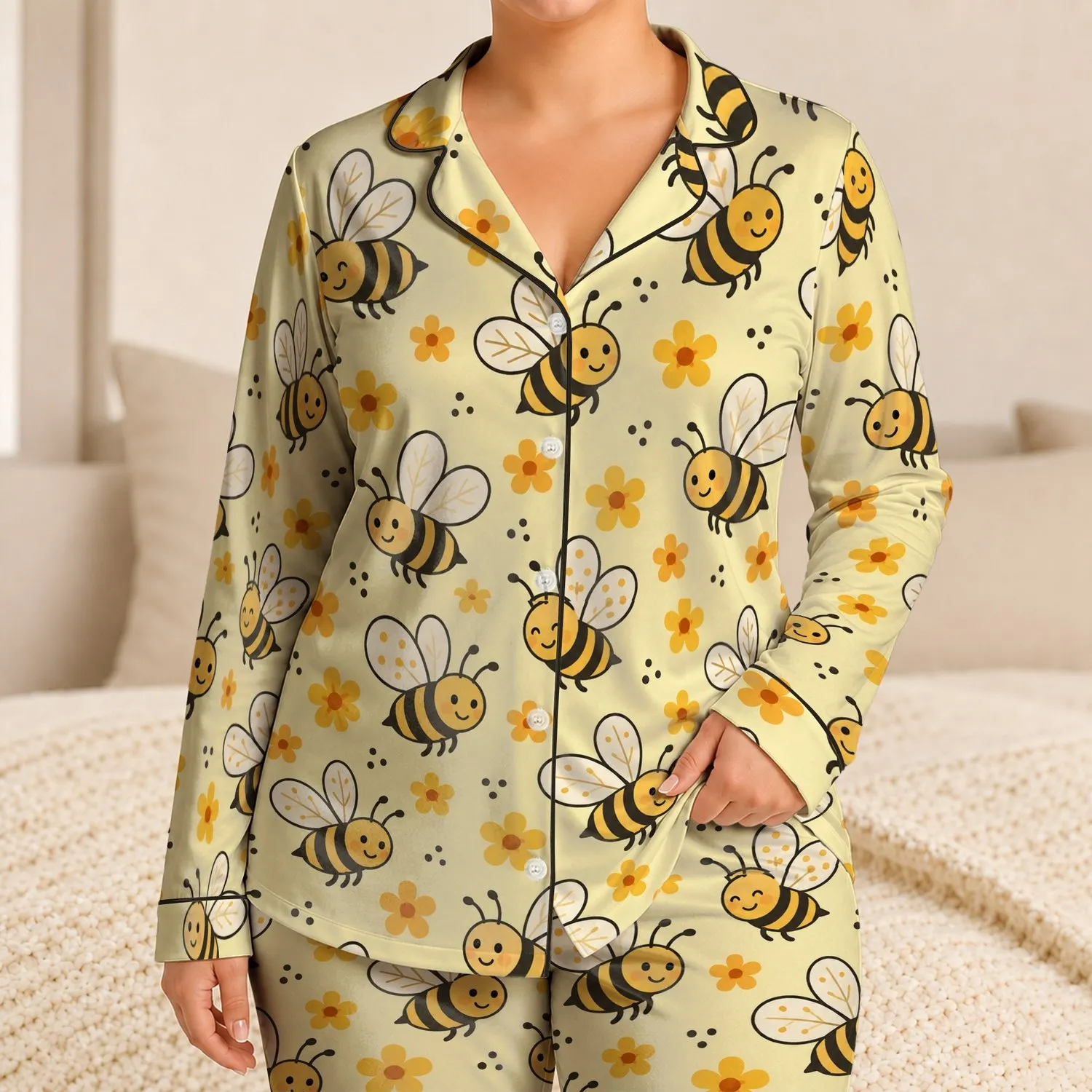 Cheerful Yellow Bumble Bees and Daisies for Cozy Bedtime, a Sweet Gift for Girls Satin Pajamas Set - 1