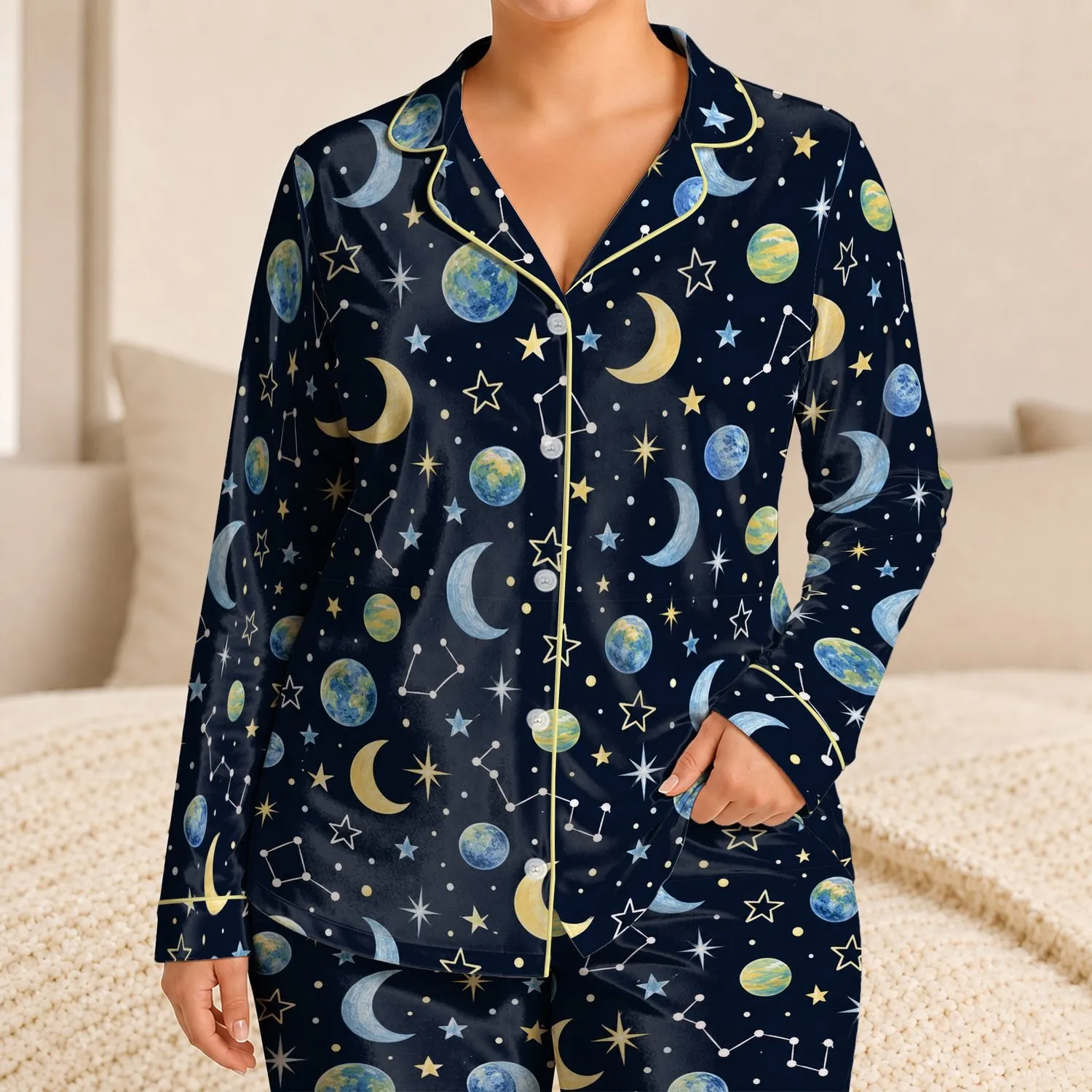 Moon, Crescent And Constellation Motifs For Cozy Bedtime Adventures With Kids Satin Pajamas Set - 1
