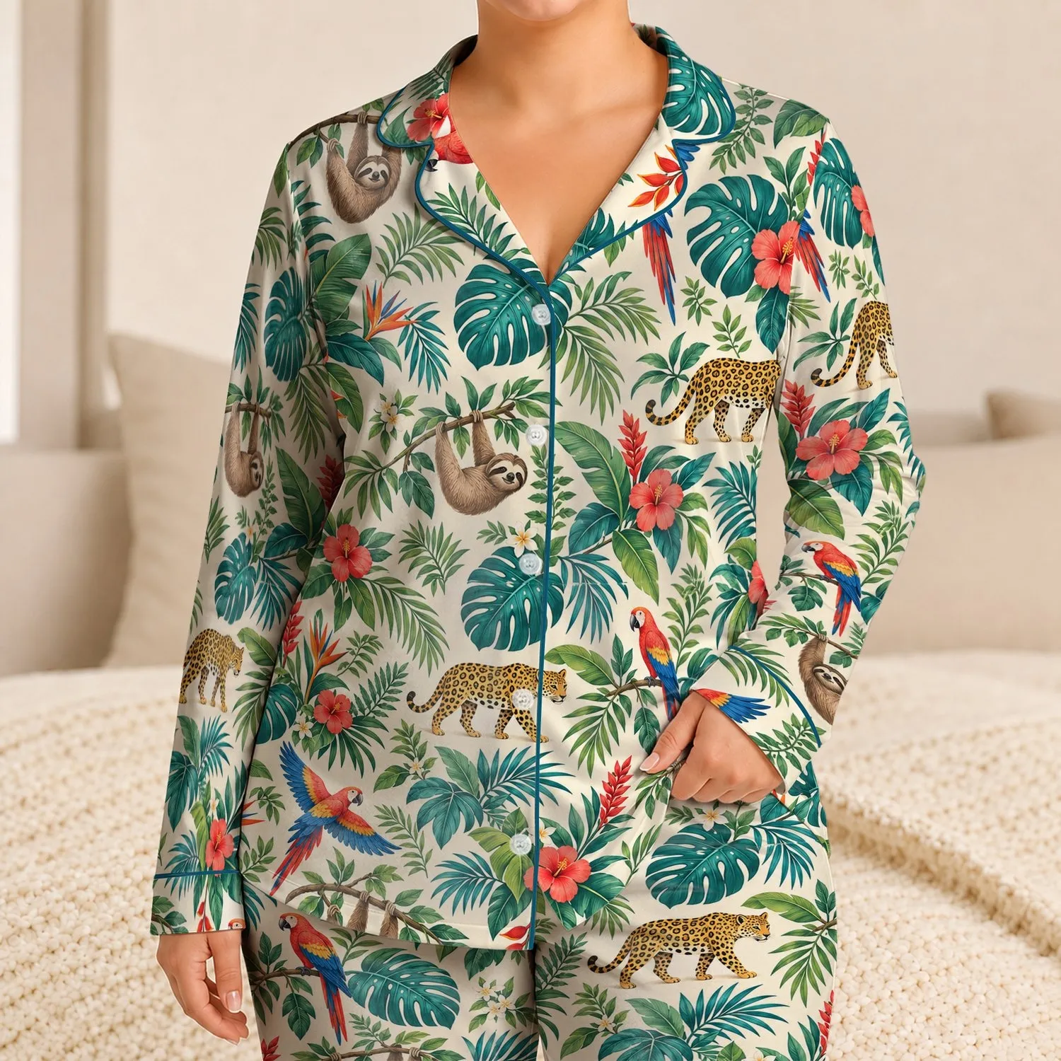 Tropical Parrots, Monstera Leaves and Sloths for Sunny Summer Adventures for Boys Satin Pajamas Set - 1