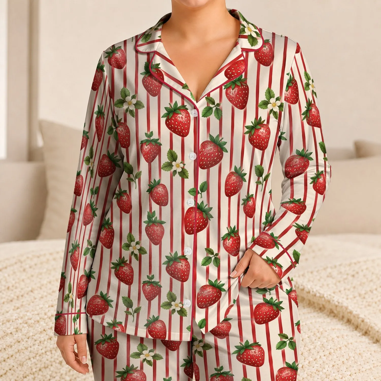 Strawberry Red Stripes for Sweet Summer Bedtime and Girls’ Cozy Nights Satin Pajamas Set - 1