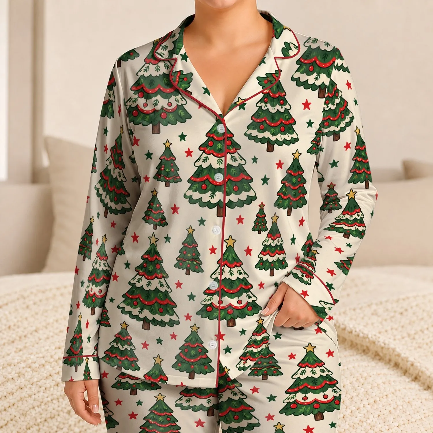 Striped Christmas Trees for Cozy Winter Evenings and Festive Family Gift Giving Satin Pajamas Set - 1
