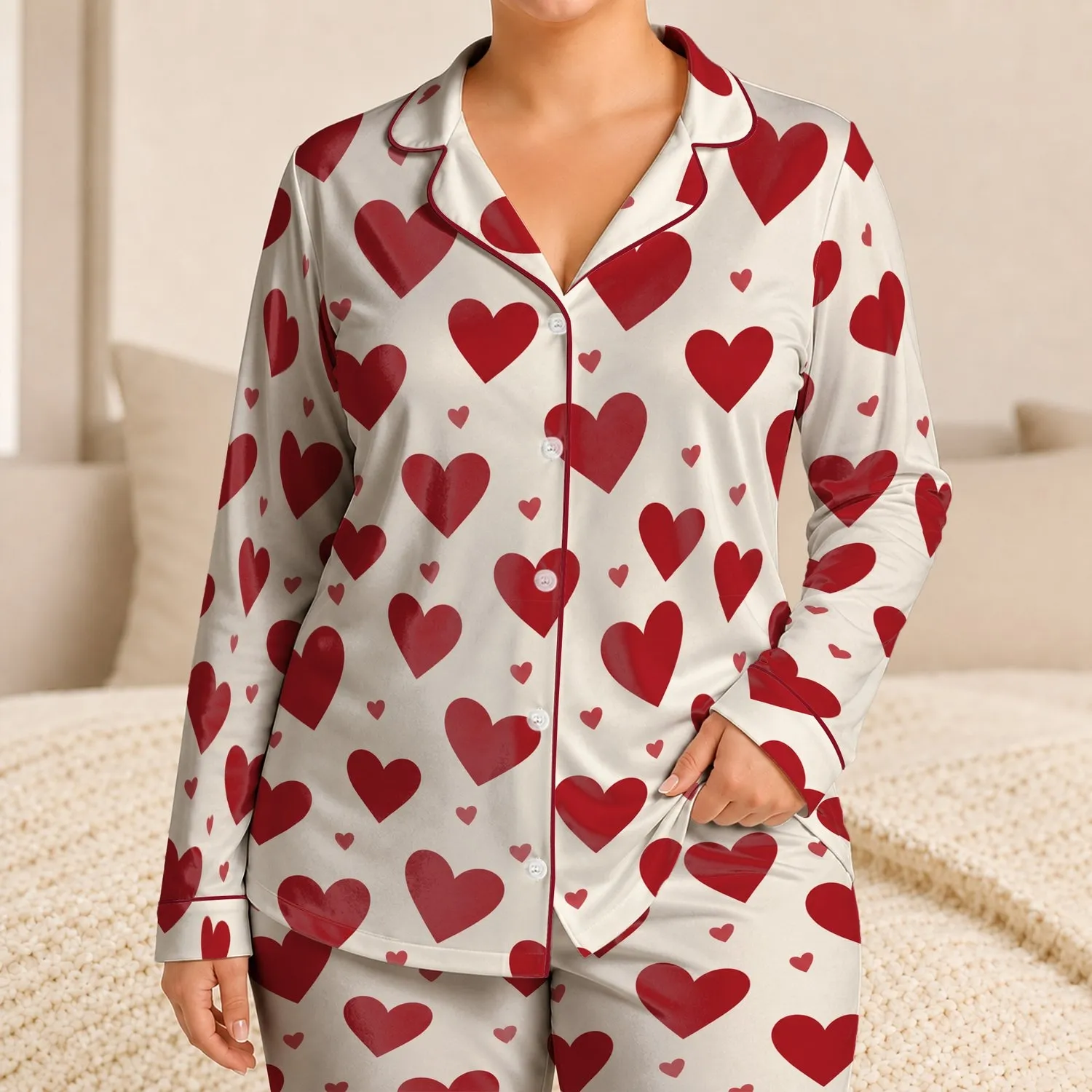 Cranberry Red Hearts for Cozy Holiday Evenings and Sweet Gift Giving Satin Pajamas Set - 1