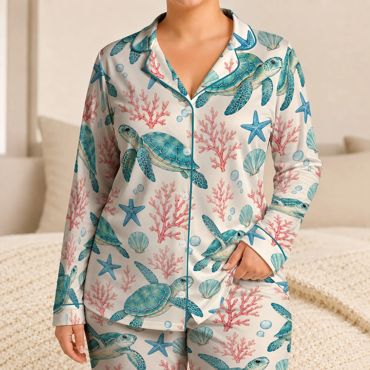 Sea Turtle And Coral Motif For Sweet Coastal Summer Getaways For Teen Girls Satin Pajamas Set - 1