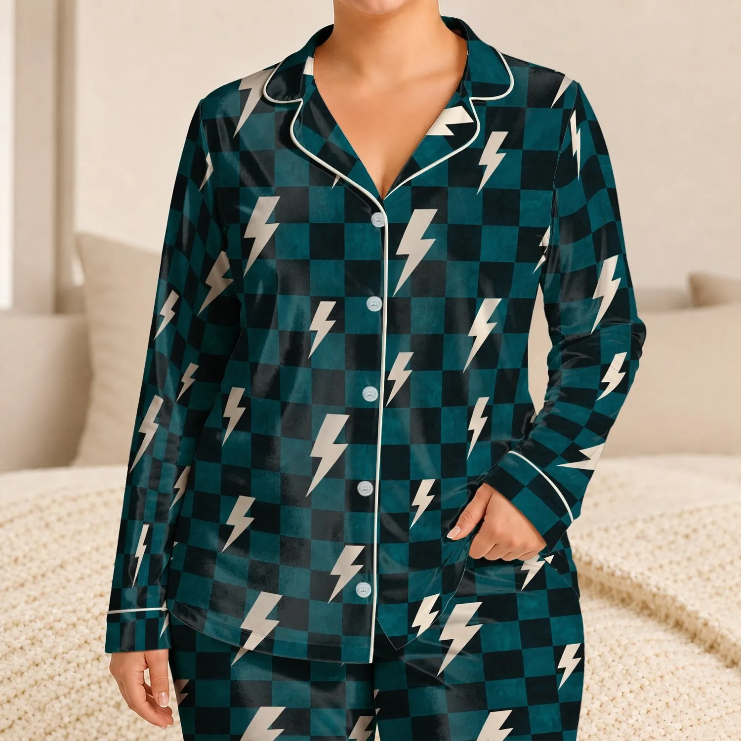 Teal Plaid Lightning Bolts for Cozy Evenings and Bold Everyday Lounging at Home Satin Pajamas Set - 1