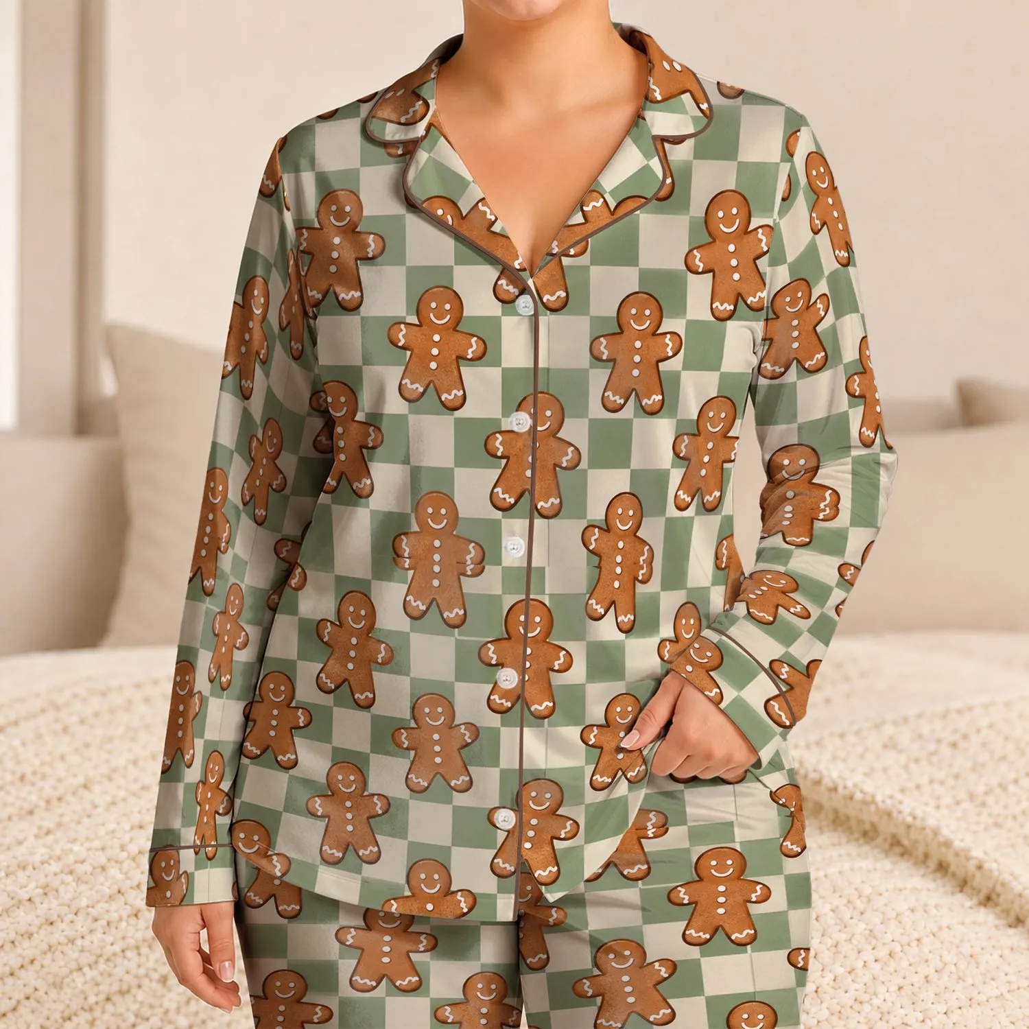 Gingerbread Men and Sage Checks for Cozy Christmas Mornings and Holiday Family Cheer Satin Pajamas Set - 1