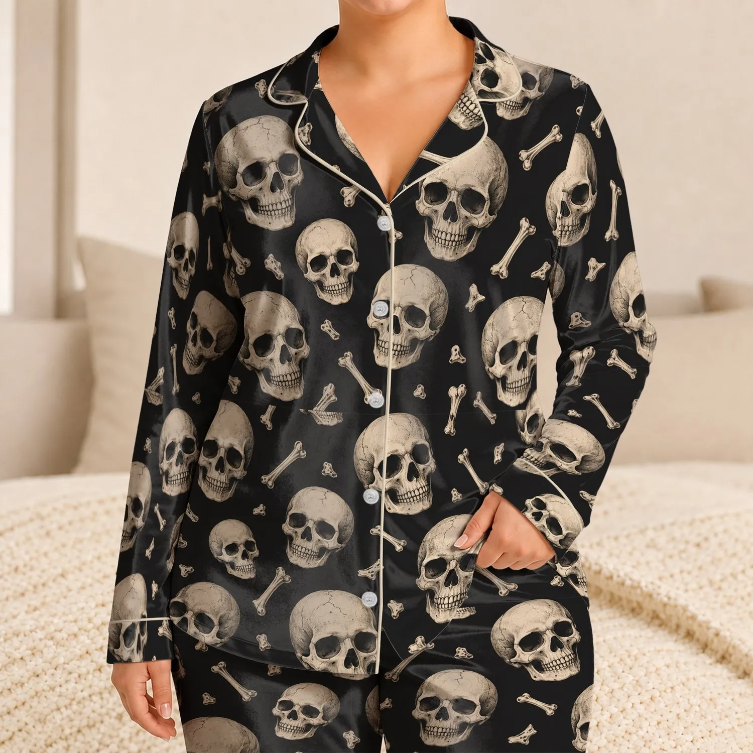 Ivory Skull Motifs for Cozy Nights, Gothic Halloween Lounging and Everyday Comfort Satin Pajamas Set - 1