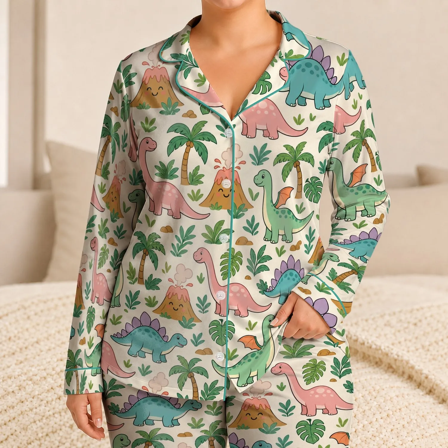 Friendly Dinosaurs, Volcanoes and Palms for Cozy Bedtime Adventures for Kids Satin Pajamas Set - 1