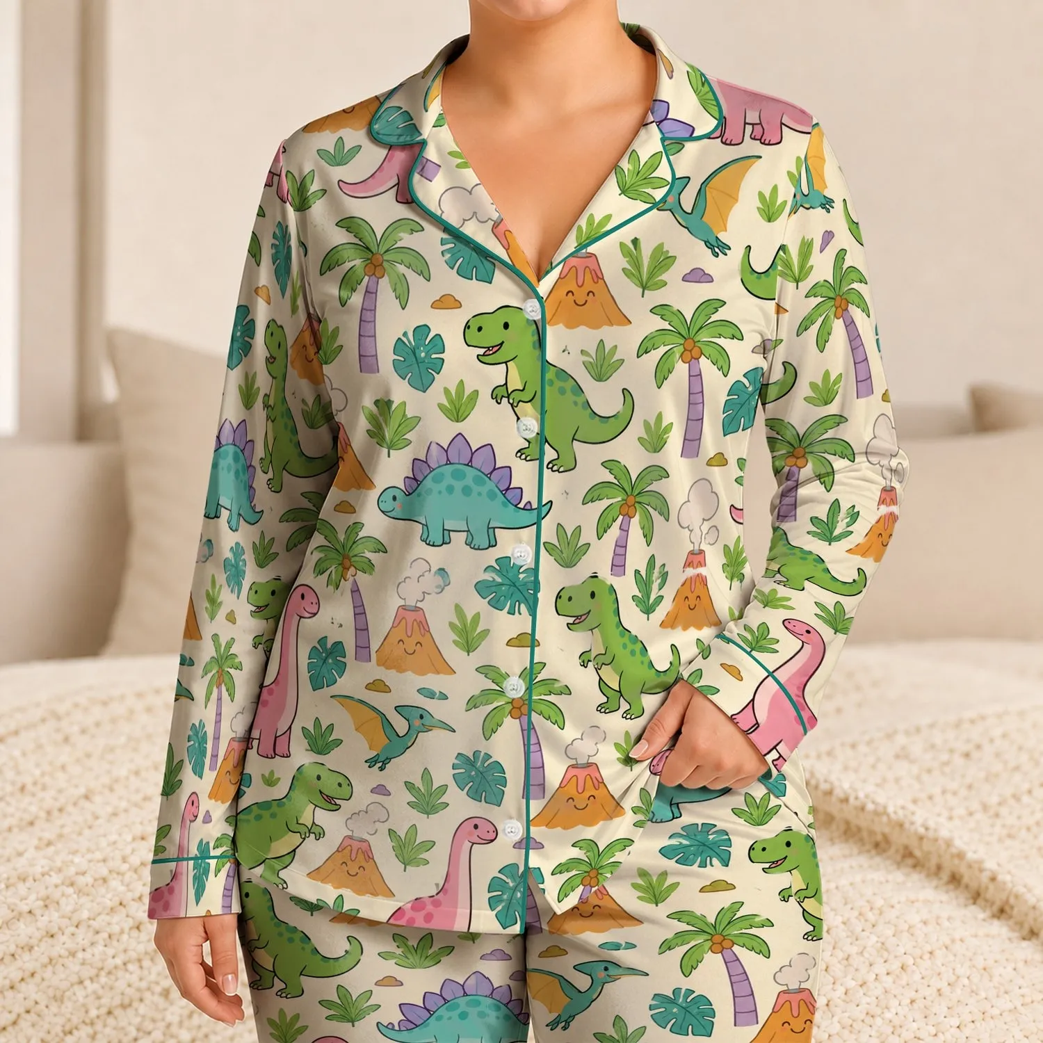 Friendly Dinosaurs And Volcanoes For Cozy Bedtime Adventures And Weekend Fun For Kids Satin Pajamas Set - 1