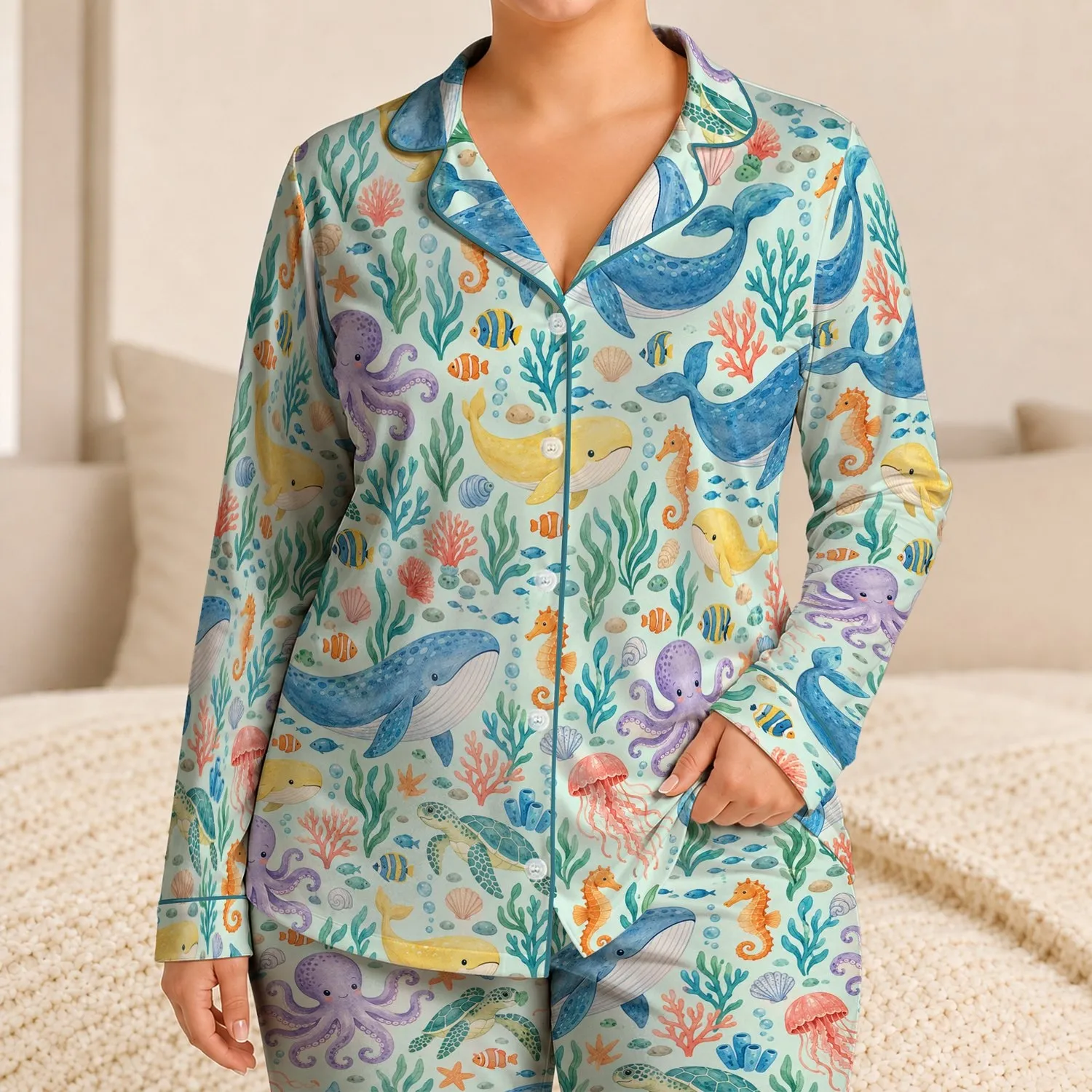 Whales, Octopuses & Coral Reef Friends for Cozy Ocean Nights with Kids Satin Pajamas Set - 1