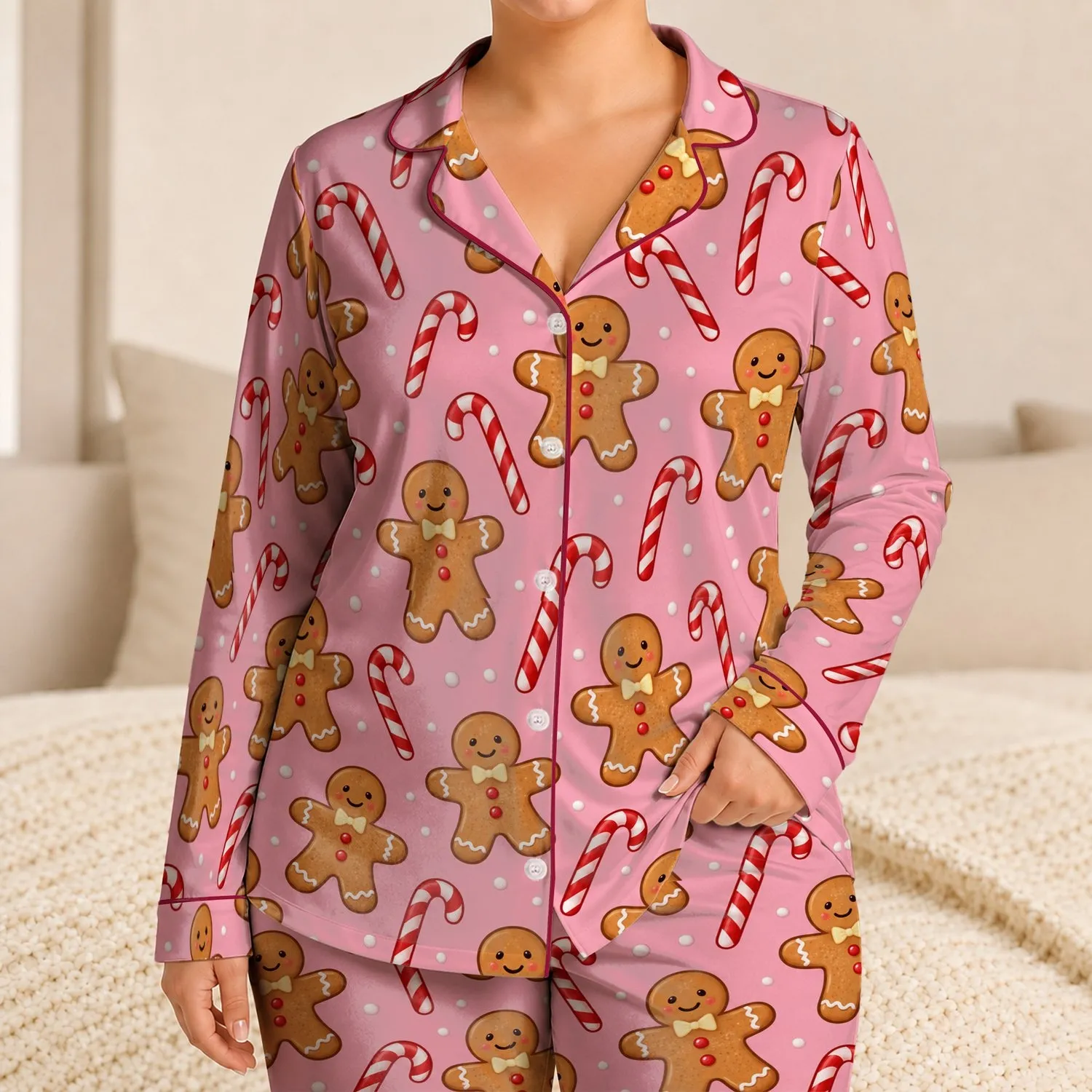 Gingerbread People and Candy Canes for Cozy Christmas Mornings and Holiday Gifting Satin Pajamas Set - 1