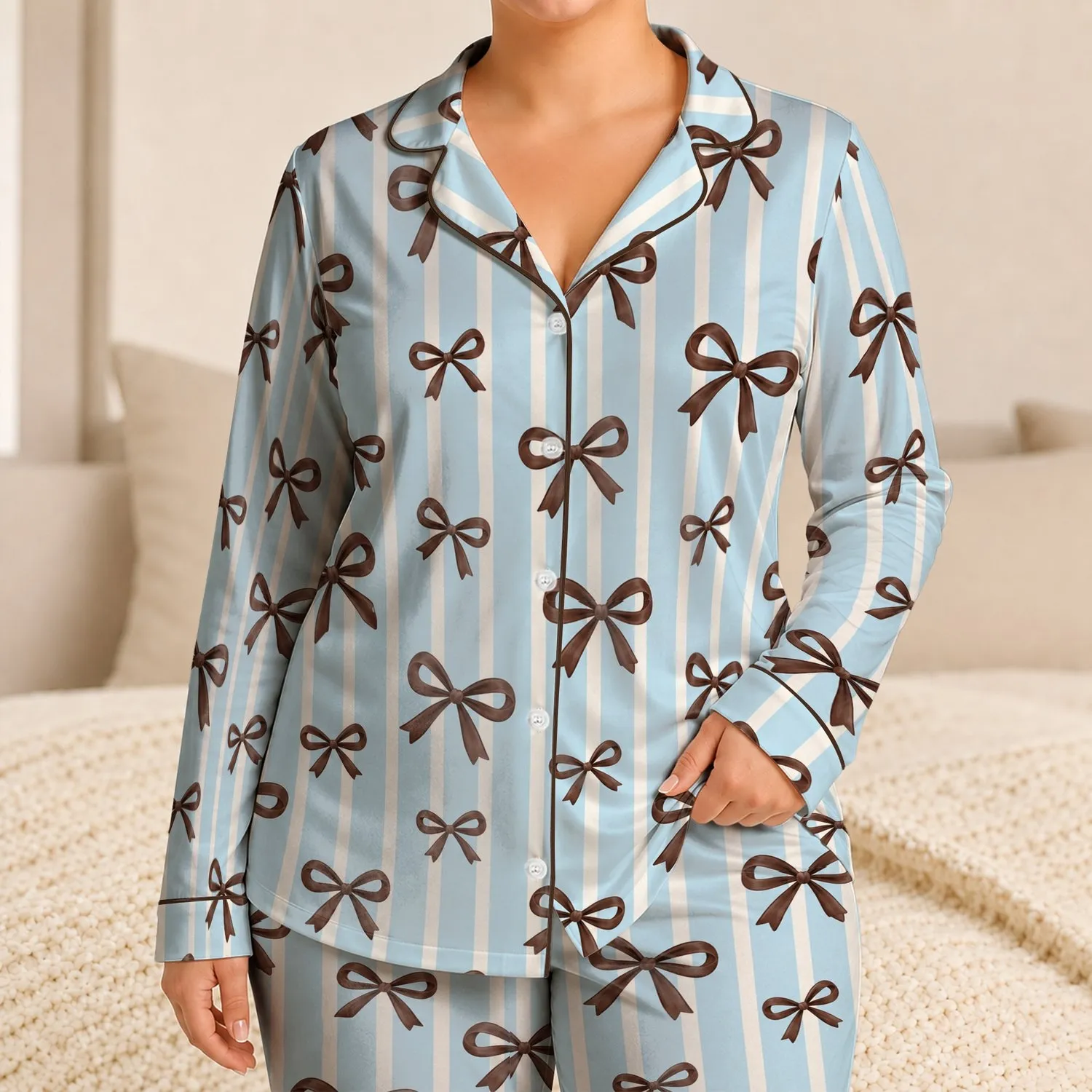 Blue Stripes And Sweet Bowknot Accents For Cozy Everyday Bedtime, Kids And Gifting Satin Pajamas Set - 1