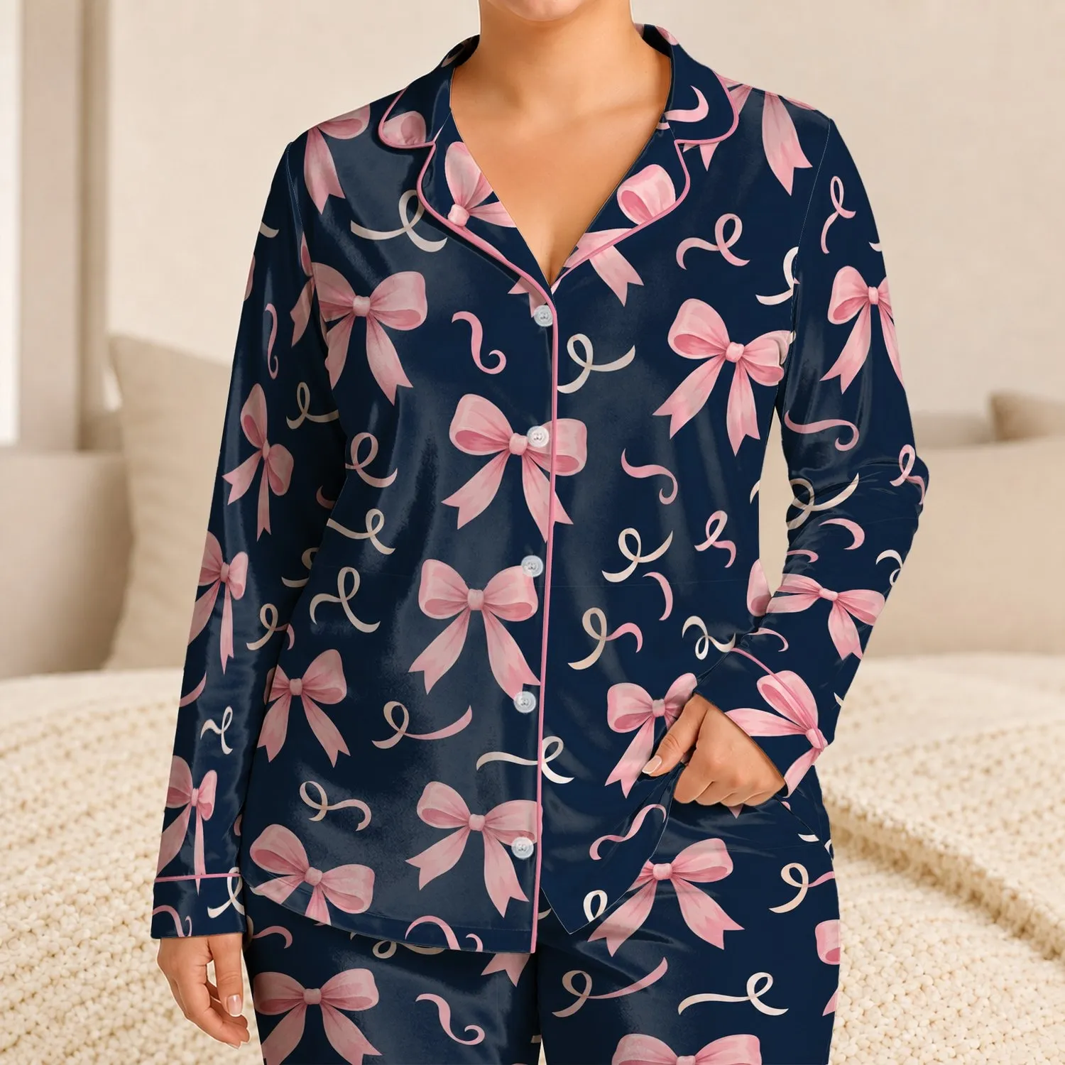 Blush Pink Bows on Midnight Navy for Sweet Birthday Gifts and Cozy Girls' Nights Satin Pajamas Set - 1