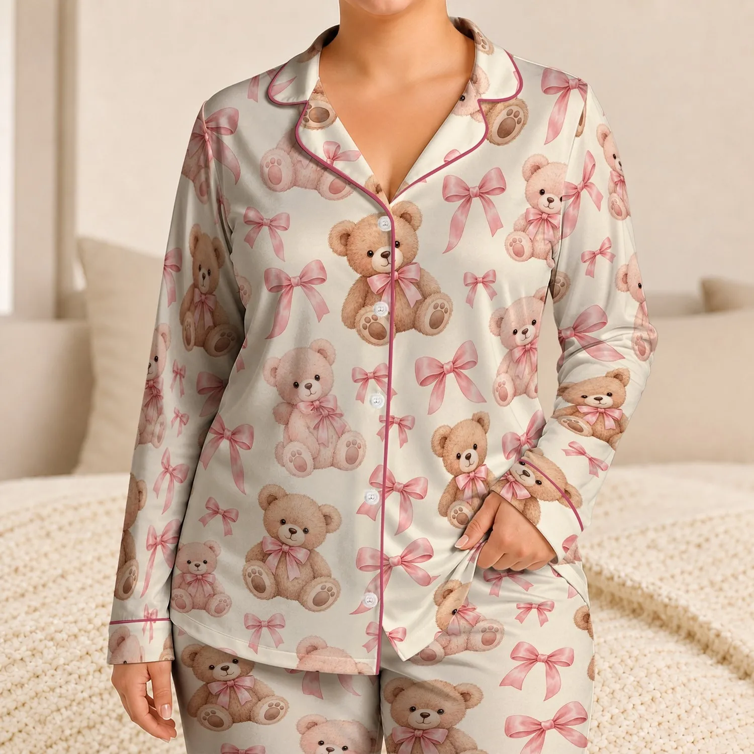 Pink Teddy Bears and Bows for Cozy Bedtime and Sweet Gift Giving for Young Girls Satin Pajamas Set - 1