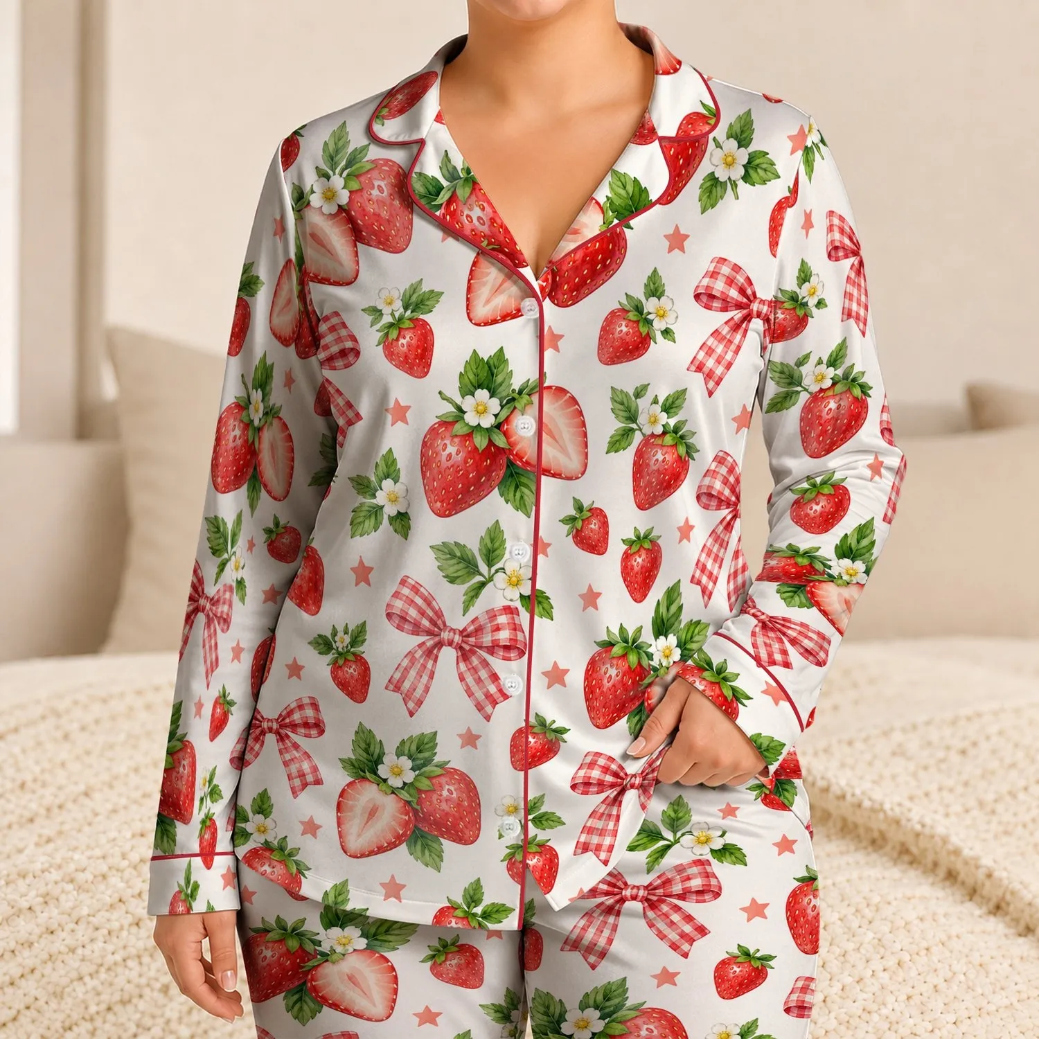 Strawberry And Gingham Bow Motifs For Cozy Family Mornings And Sweet Summer Gatherings Satin Pajamas Set - 1