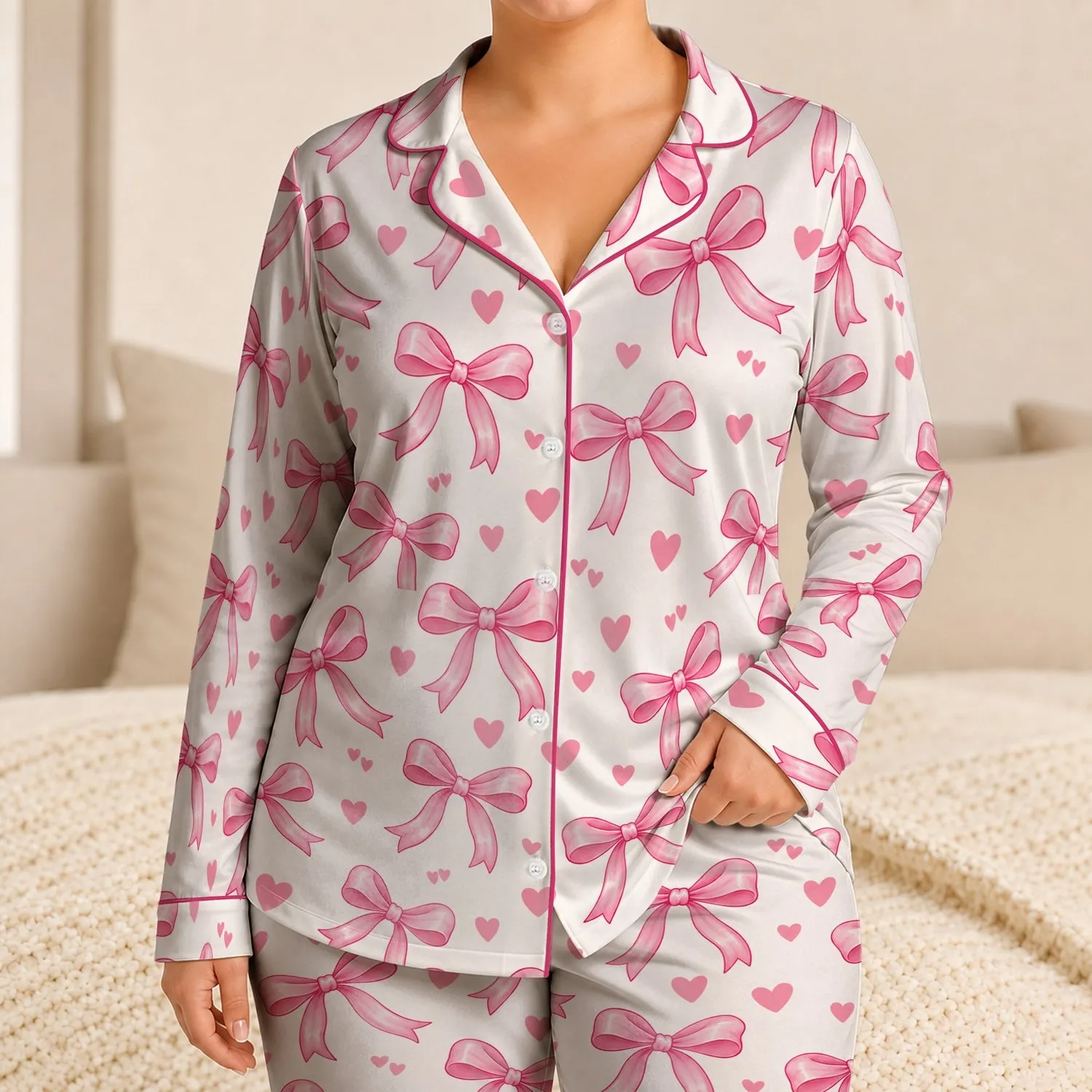 Pink Ribbon Bows and Hearts for Cozy Autumn Evenings and Sweet Gift Giving Satin Pajamas Set - 1