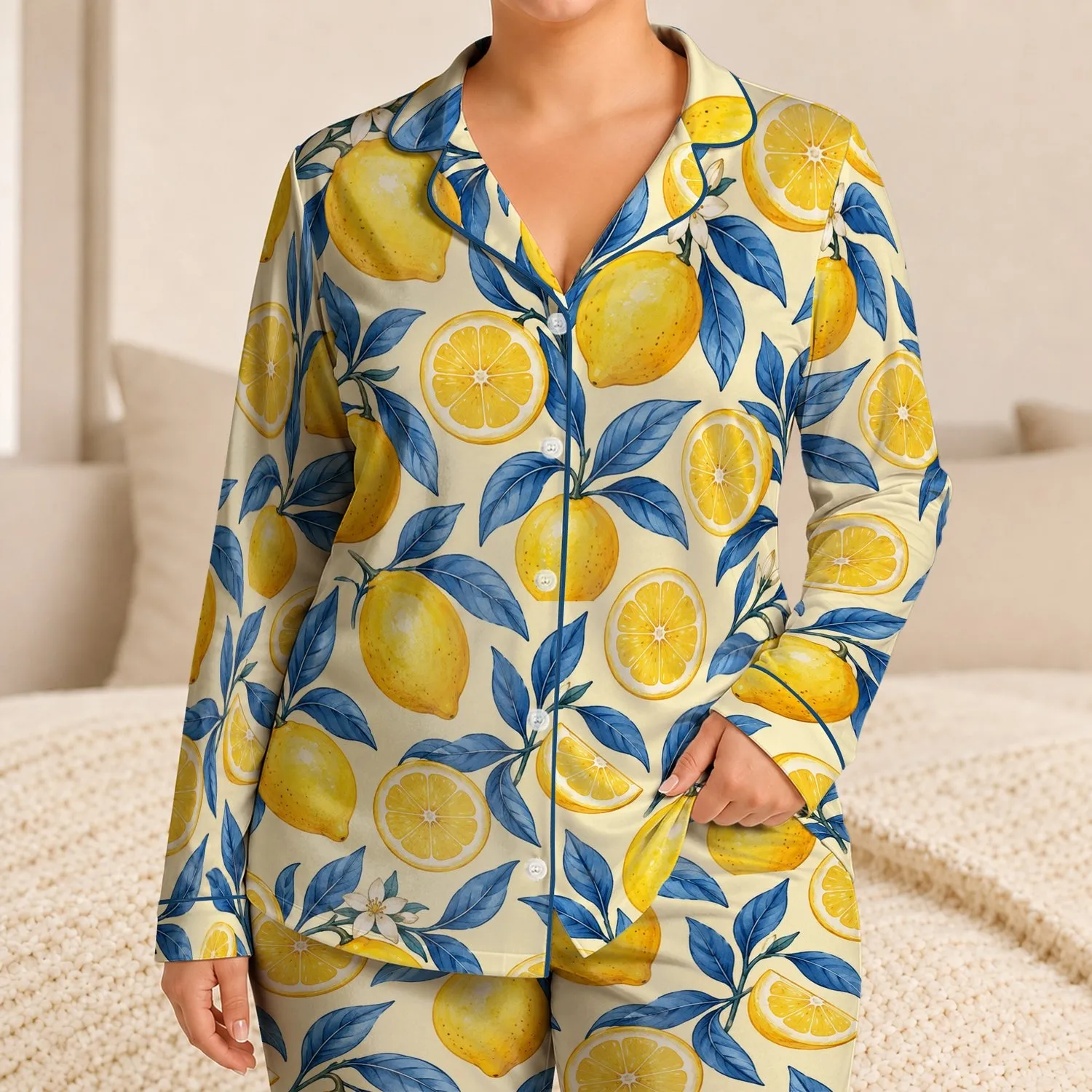Golden Lemons And Blue Leaves For Sunny Vacation Days And Cozy Home Moments For Kids Satin Pajamas Set - 1