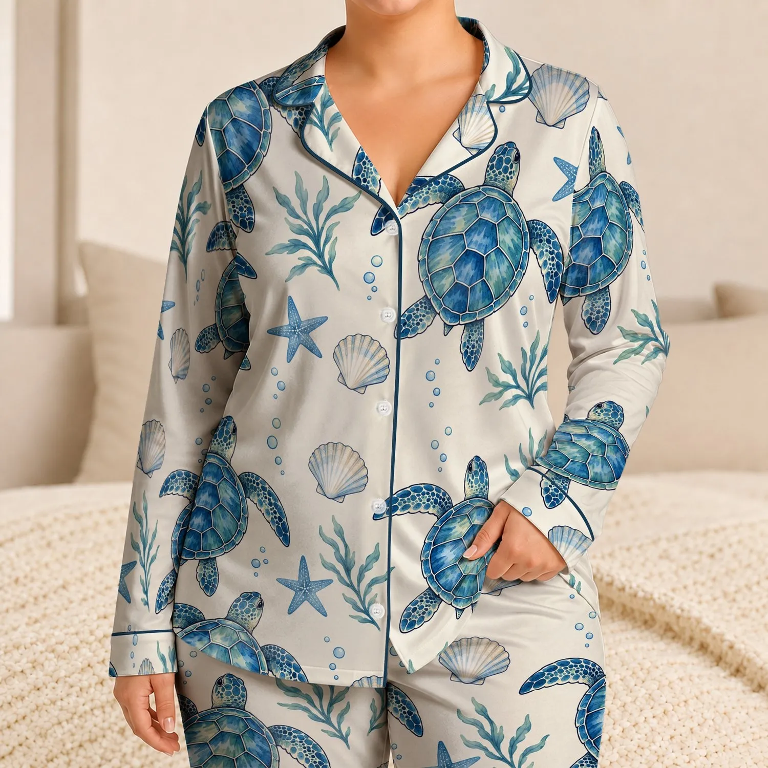 Blue Sea Turtles and Shells for Coastal Summer Adventures for Kids Satin Pajamas Set - 1