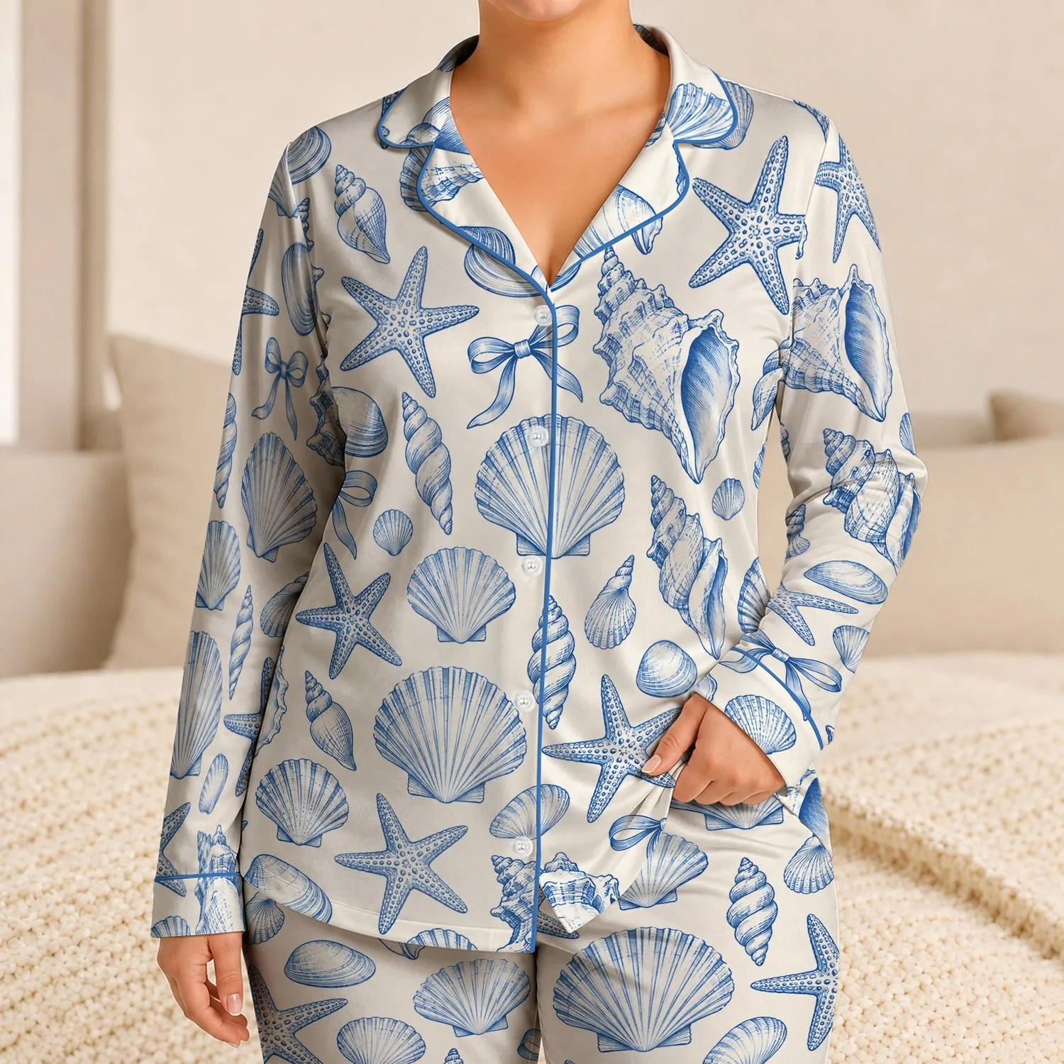 Blue Conch Shells and Starfish for Cozy Coastal Nights and Seaside Getaways Satin Pajamas Set - 1